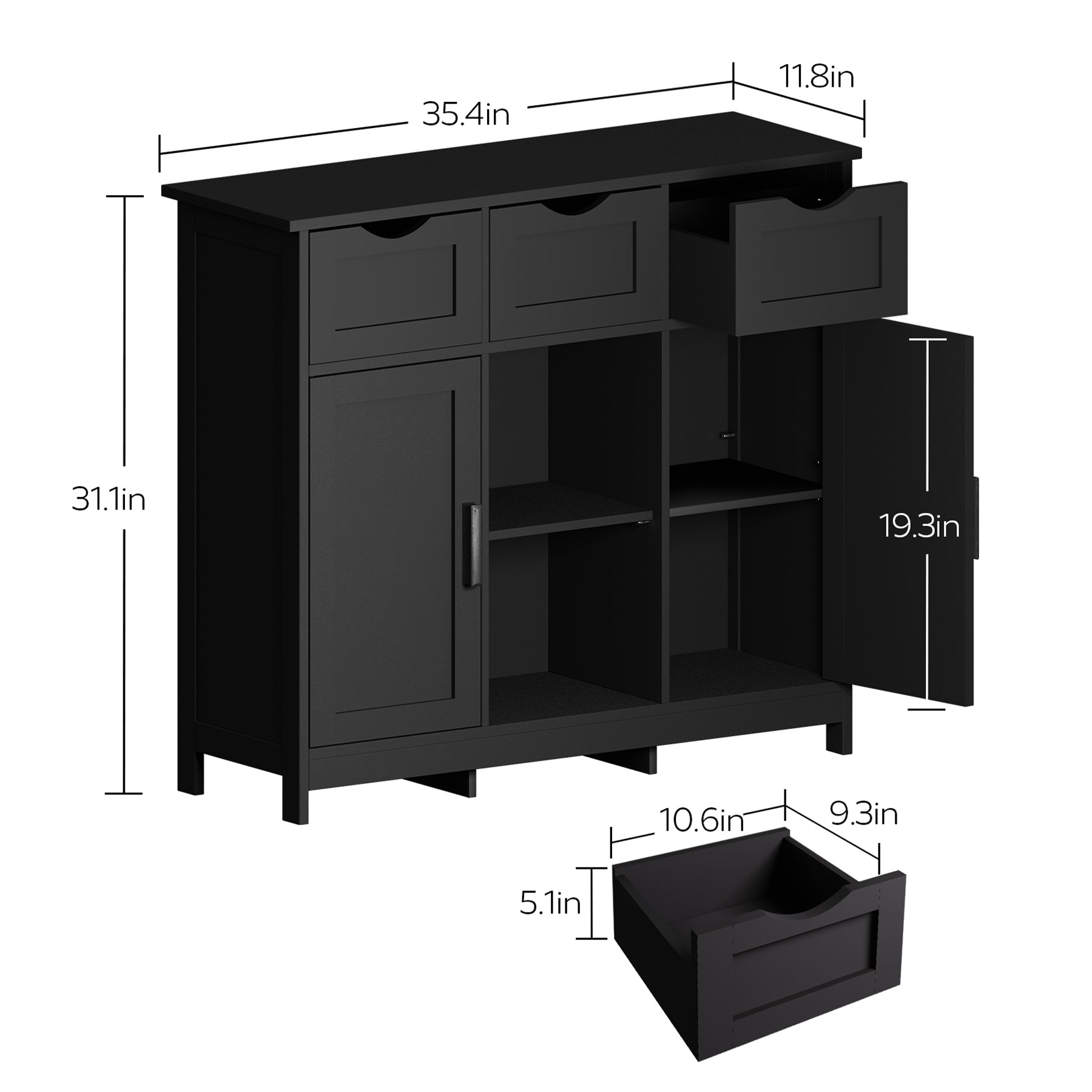 HAOYYE Storage Cabinet With Drawers And Shelves, Black Wooden Floor Cabinet, Accent Cabinet For Living Room, Bedroom, Or Bathroom, Sturdy Modern Space-Saving Heavy Duty Design