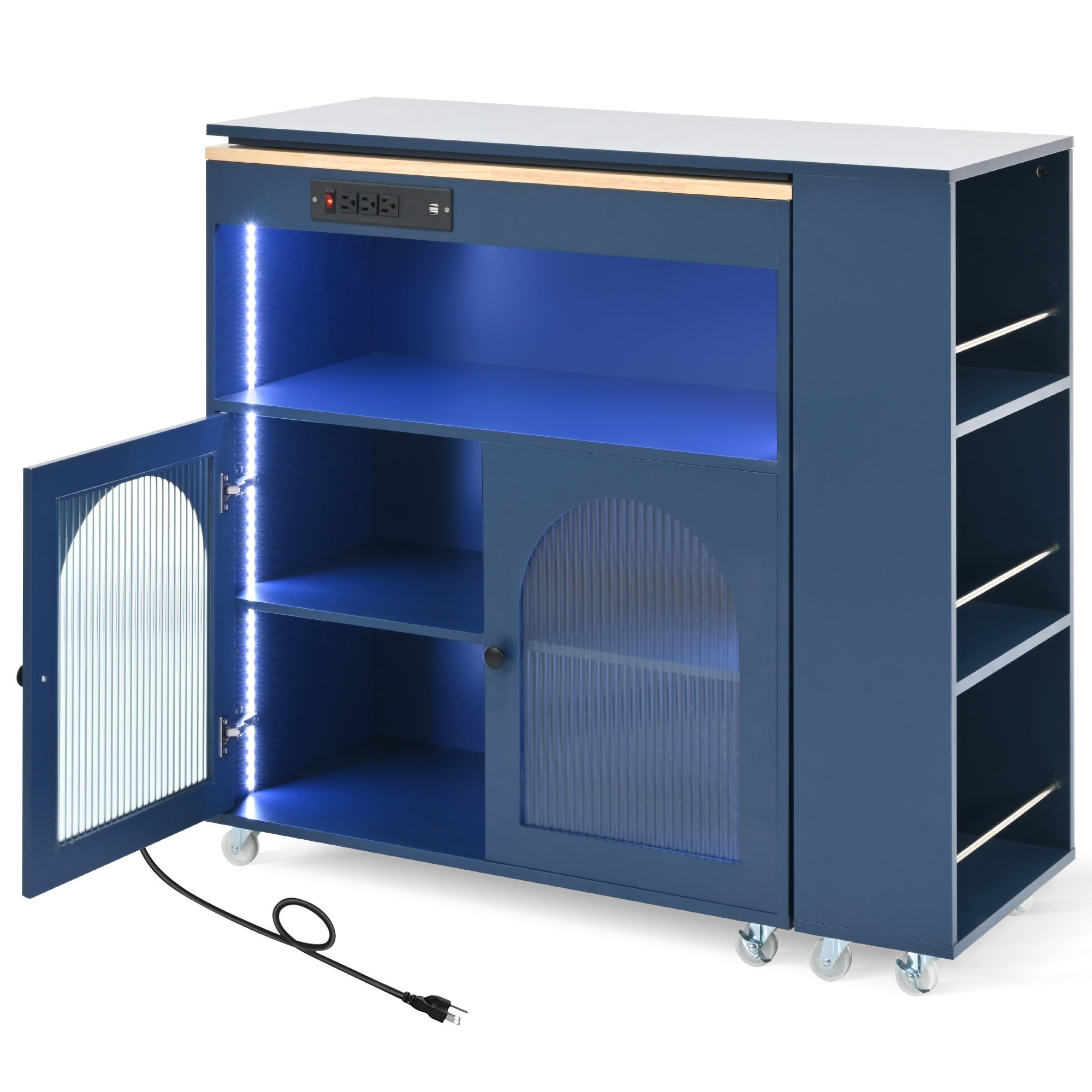 HAOYYE Navy Rolling Kitchen Island With Extended Table, LED Lights, Power Outlets, Fluted Glass Doors, Storage Compartment, and Open Shelves, Sturdy Space-Saving Design, Easy Assembly