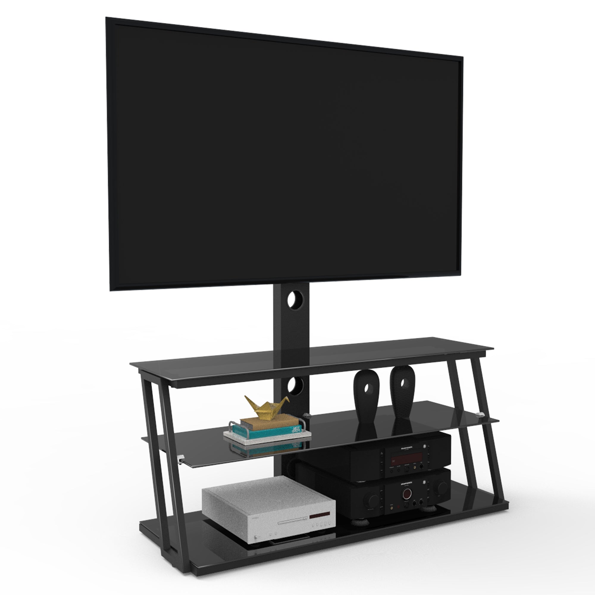HAOYYE Black Multi-Function Angle And Height Adjustable Tempered Glass TV Stand Sturdy Space-Saving Heavy Duty Modern Design Easy Assembly Durable Stylish Home Furniture Versatile