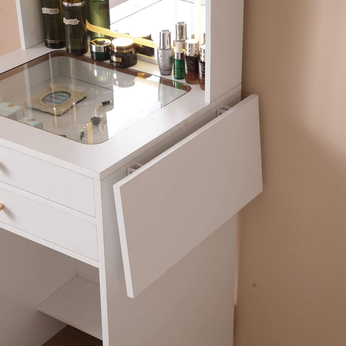 HAOYYE Vanity Desk With Lighted Mirror, Makeup Table With Drawers And Storage Cabinet, Glass Desktop, Adjustable Brightness, Storage Stool, Modern White Design For Bedroom, Sturdy Space-Saving Construction