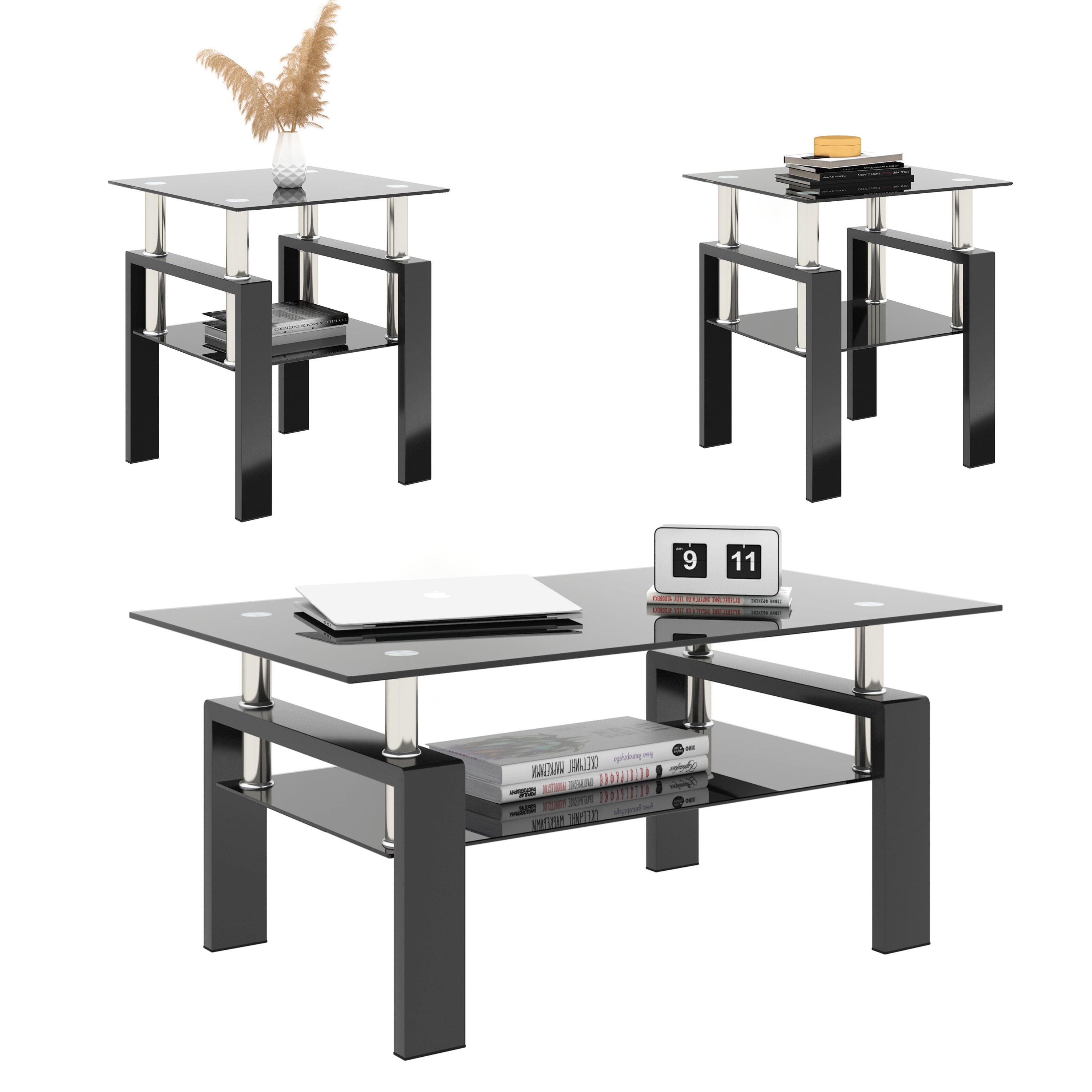 HAOYYE Set of 2 Modern Tempered Glass Coffee Tables, Square End Tables with Sturdy Black Frame, Stylish and Durable for Living Room, Space-Saving Design, Easy Assembly, Heavy Duty Modern Home Furniture