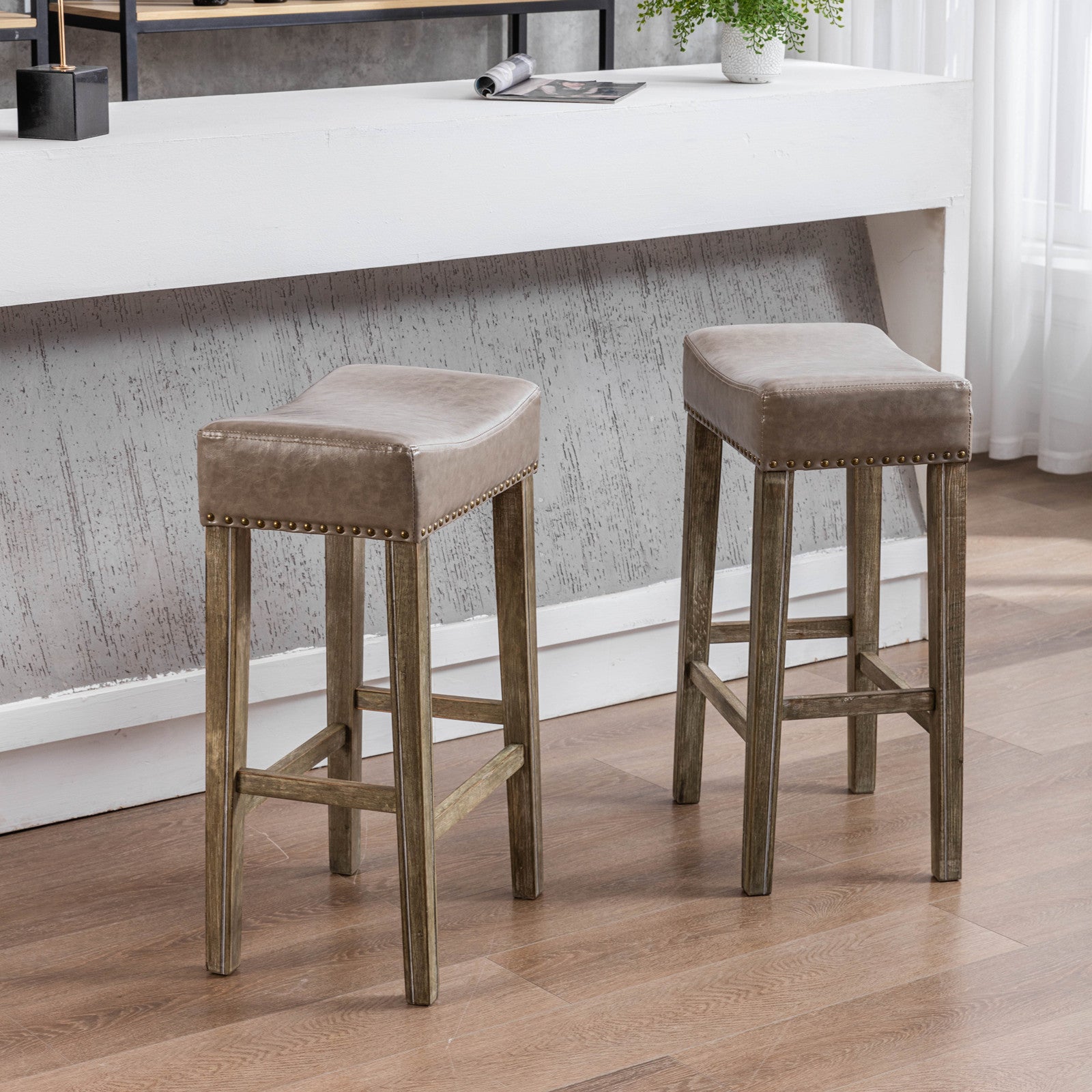 Haoyye Counter Height Bar Stools, Set of 2 Backless Faux Leather Farmhouse Island Chairs for Kitchen or Dining Area, Modern Space-Saving Sturdy Design for Breakfast Bar, Pub, Cafe or Home Use, Comfortable and Easy to Assemble Seating