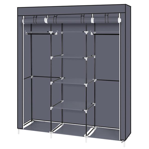DE Direct HAOYYE Portable Clothes Closet Wardrobe with Double Hanging Rods and Shelves Non-Woven Fabric Storage Organizer for Bedroom Apartment Entryway Walk-In Closet Easy to Assemble Space-Saving Dustproof Design in Gray