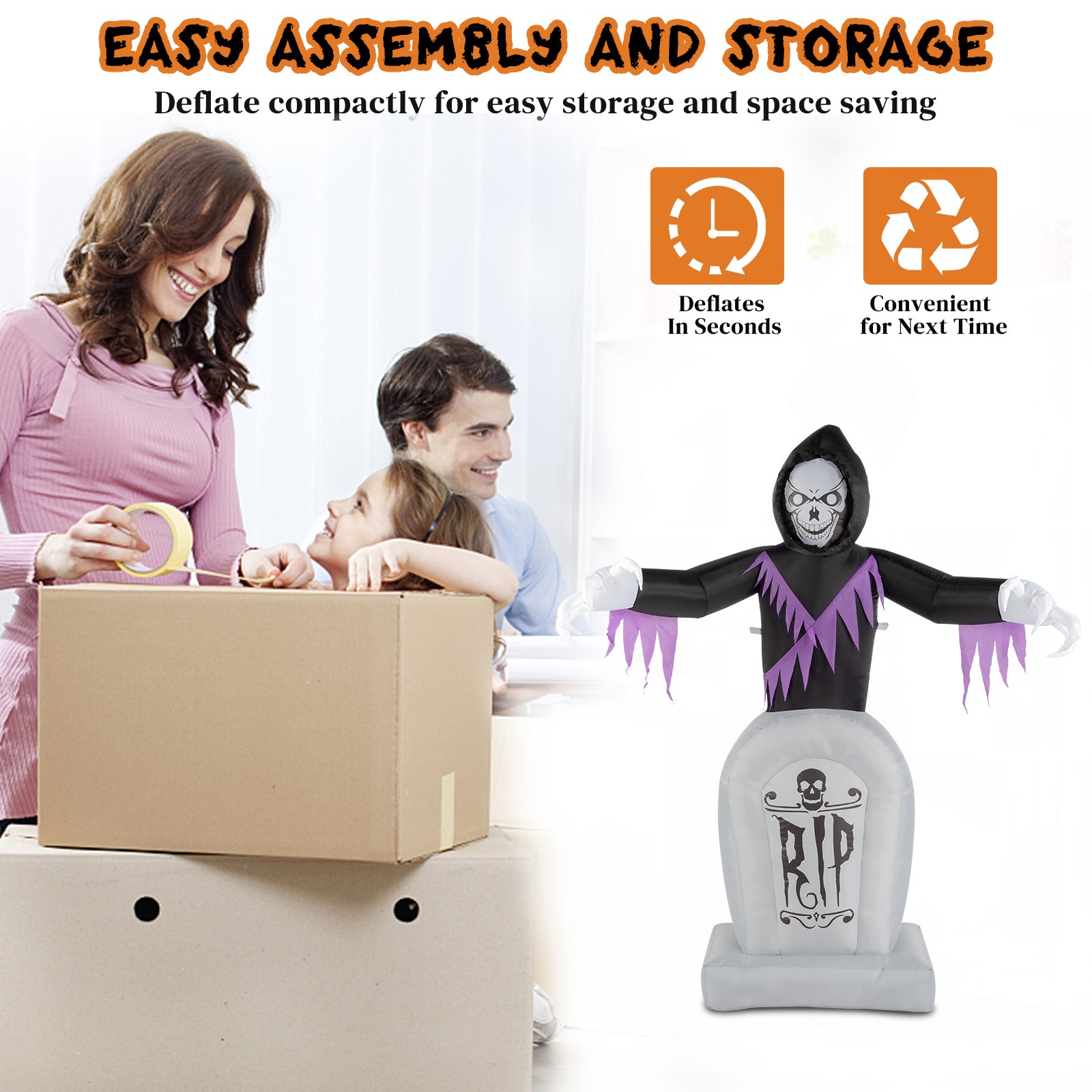 HAOYYE Halloween Inflatable Decoration Black 3-Piece Grim Reaper and Grave Set with LED String Lights Powerful Blower Easy Setup Waterproof Polyester for Garden Yard Lawn Patio Outdoor Party