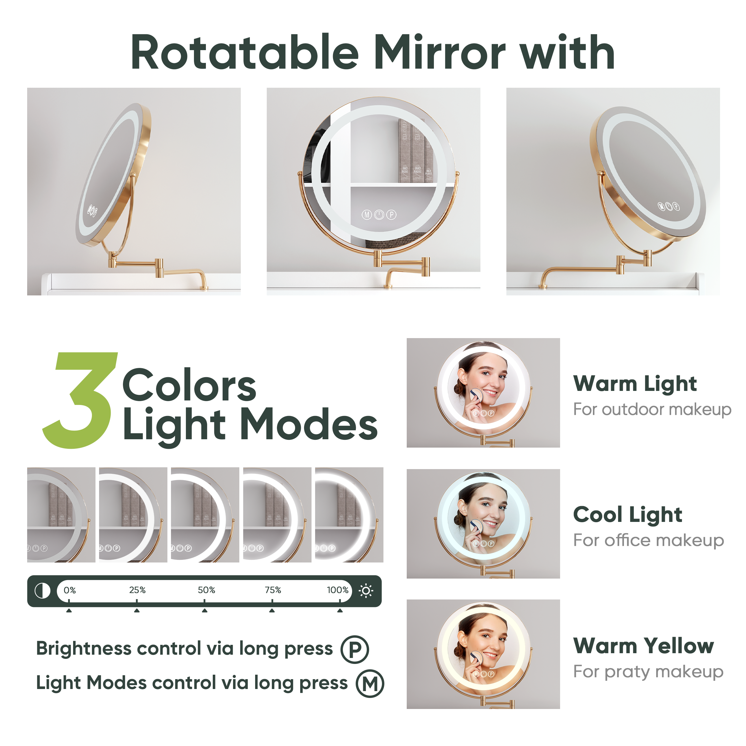 HAOYYE White Vanity Desk with 360° Rotated Mirror and Adjustable Lights, Girls Makeup Vanity Table with Storage Drawer, Side Cabinet with Waveform Glass Doors, Stylish Dressing Table with Chair for Bedroom, Elegant Storage Solution for Beauty Essentials.