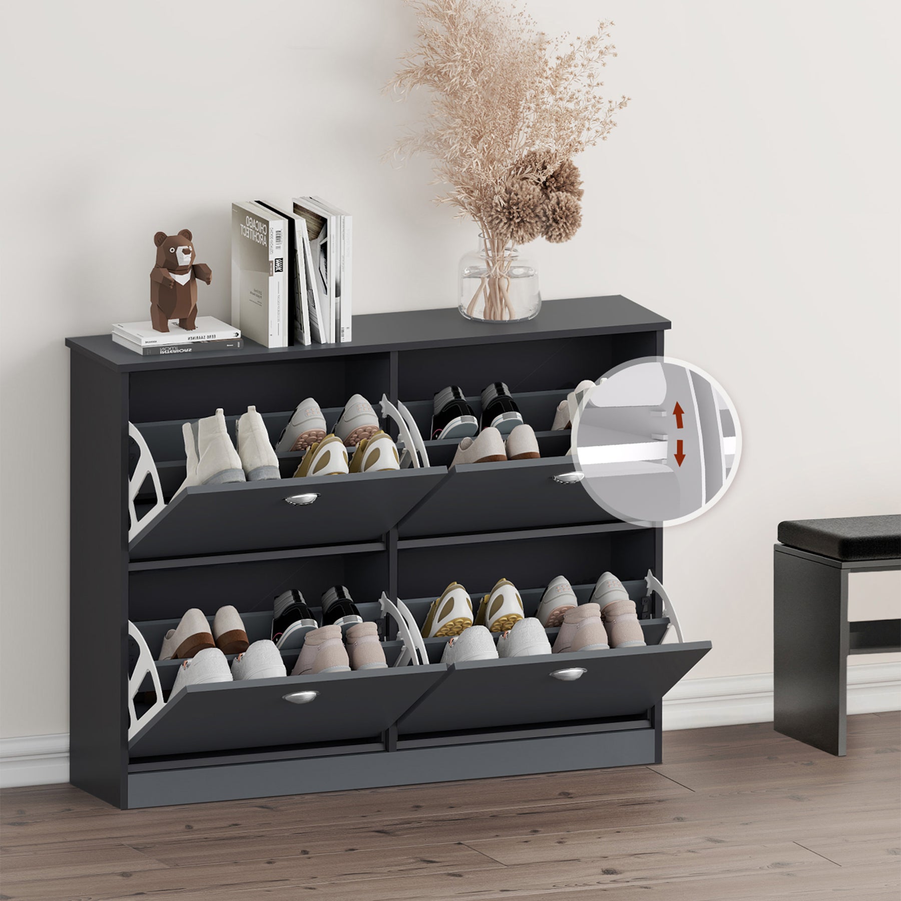 HAOYYE Shoe Cabinet Hidden Slim Narrow Shoe Rack Cabinet with 4 Drawers for Entryway Foyer Hallway Bedroom Original Wood Color Modern Space-Saving Shoe Organizer with Flip Drawers and Sleek Design