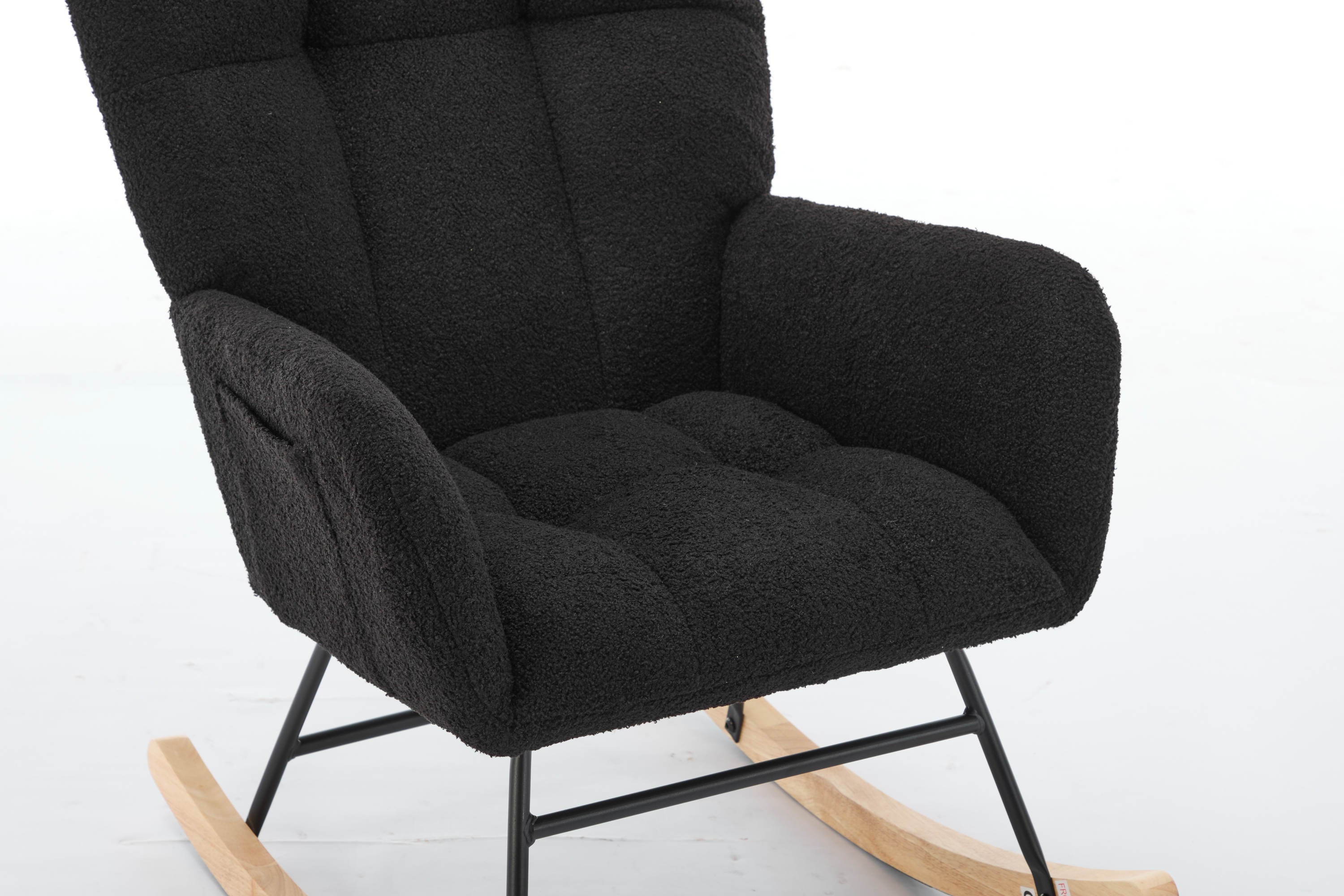 Haoyye Black Modern Nursery Rocking Chair with High Backrest, Soft Teddy Upholstered Glider Accent Armchair with Solid Wood Legs, Gentle Rocker for Bedroom, Living Room, or Nursery, Sturdy and Space-Saving Design for Adults