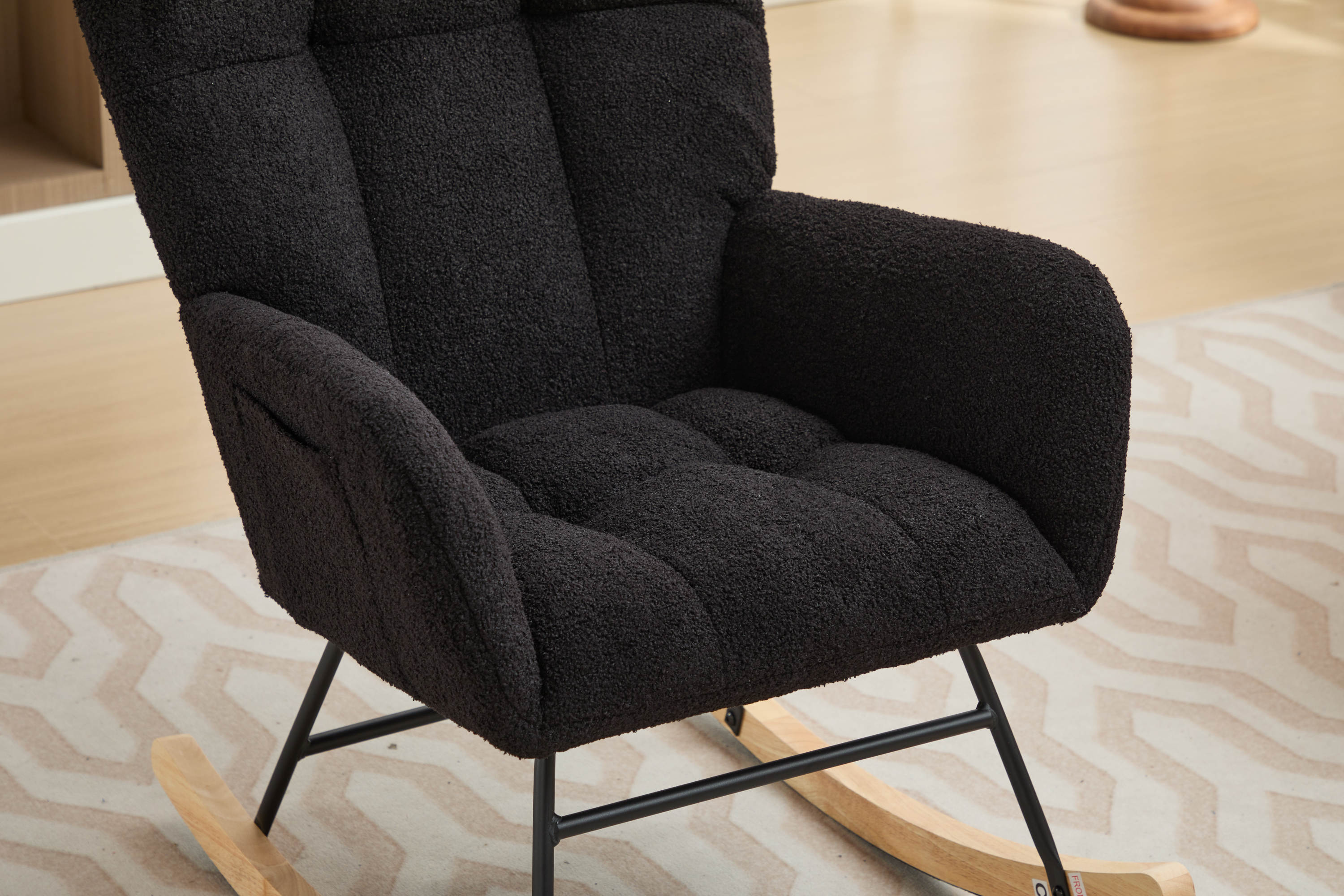 Haoyye Black Modern Nursery Rocking Chair with High Backrest, Soft Teddy Upholstered Glider Accent Armchair with Solid Wood Legs, Gentle Rocker for Bedroom, Living Room, or Nursery, Sturdy and Space-Saving Design for Adults