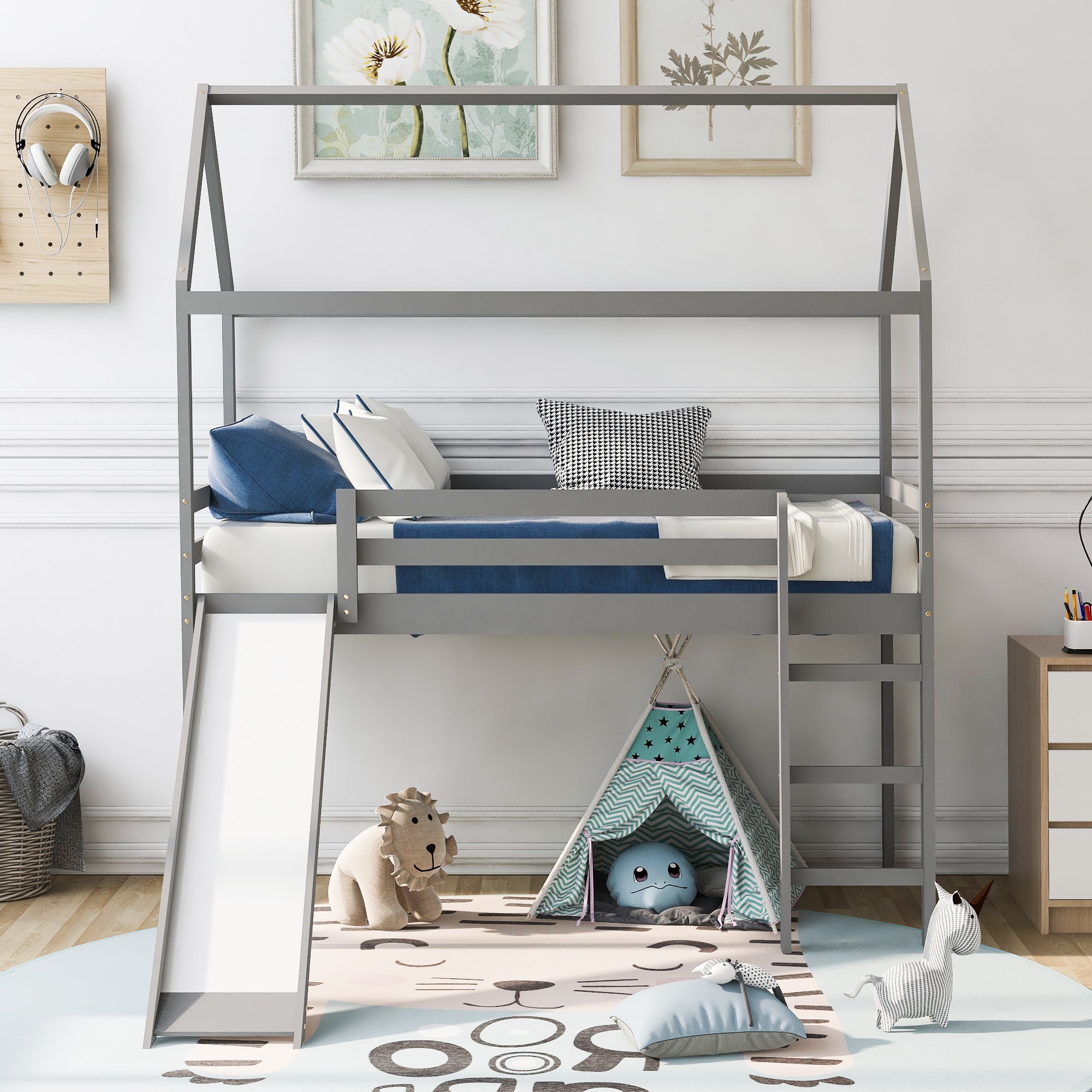 HAOYYE Twin Loft Bed with Slide, House Bed with Slide,Gray(OLD SKU :WF286245AAE) Sturdy Space-Saving Heavy Duty Modern Design Adults Dorm Room Easy Assembly Bedroom Furniture
