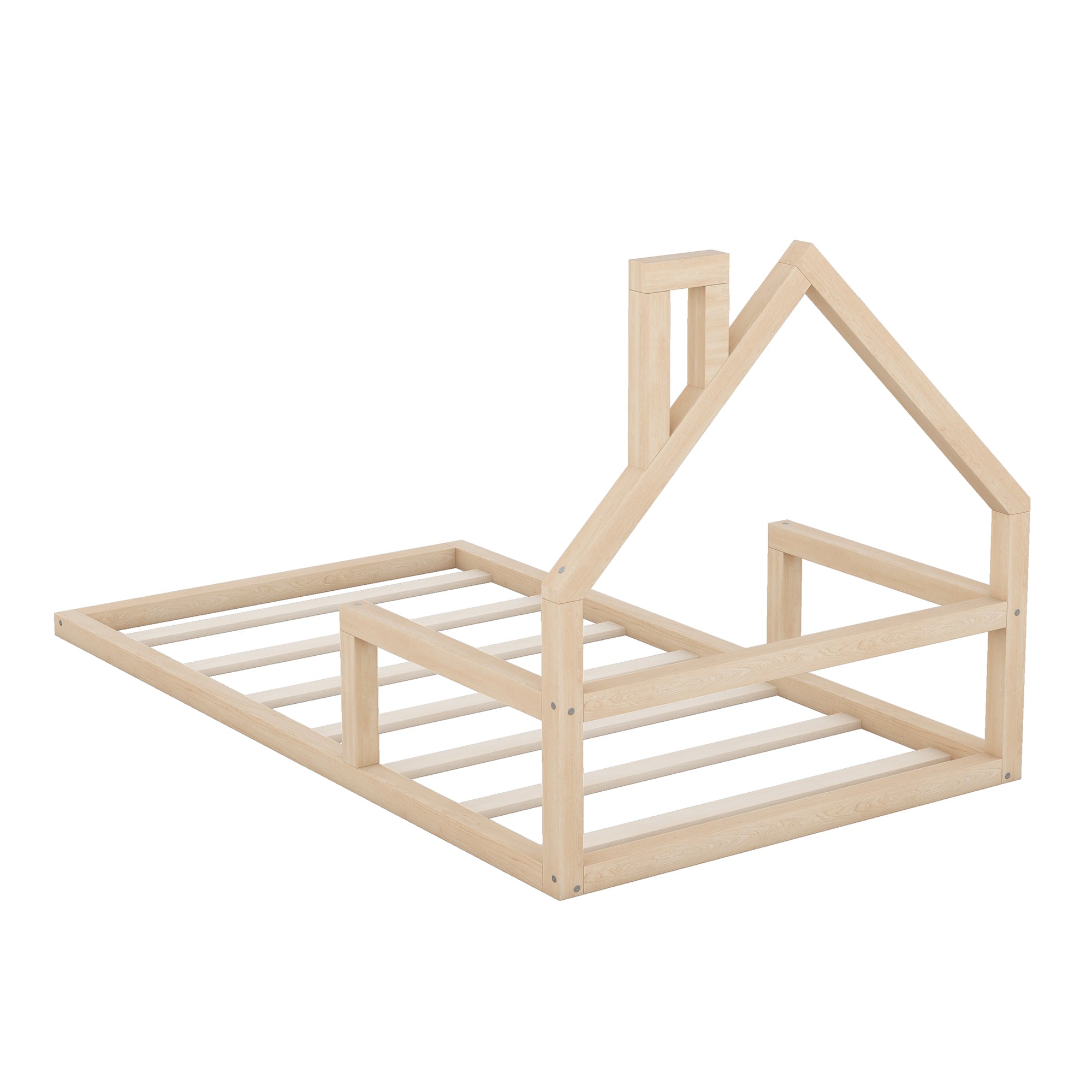 HAOYYE Twin Size Wood Floor Bed with House-shaped Headboard, Natural Sturdy Space-Saving Heavy Duty Modern Design Adults Dorm Room Easy Assembly Bedroom Furniture