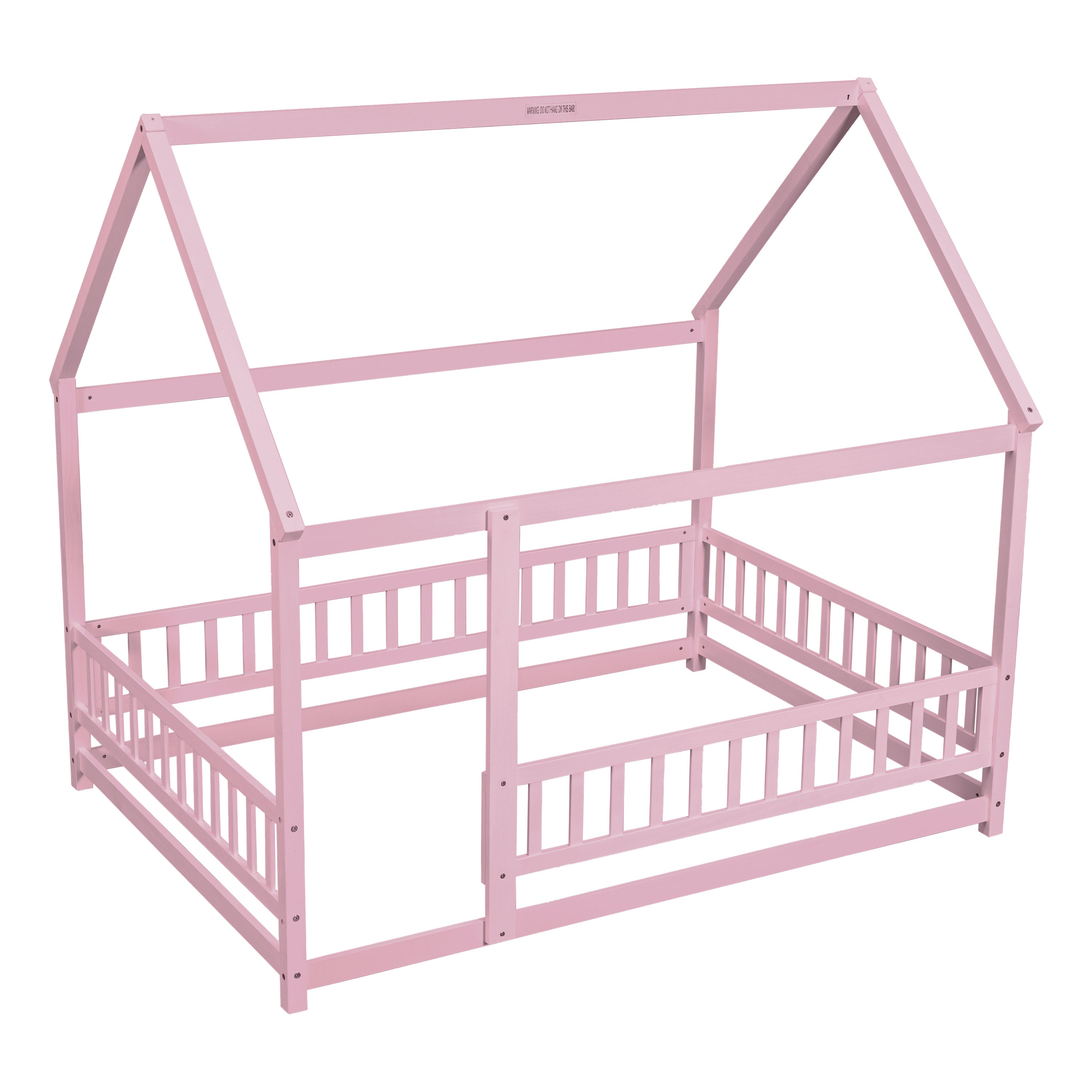 HAOYYE Full Size Floor Wooden Bed with House Roof Frame, Fence Guardrails ,Pink Sturdy Space-Saving Heavy Duty Modern Design Easy Assembly Durable Stylish Home Furniture Versatile