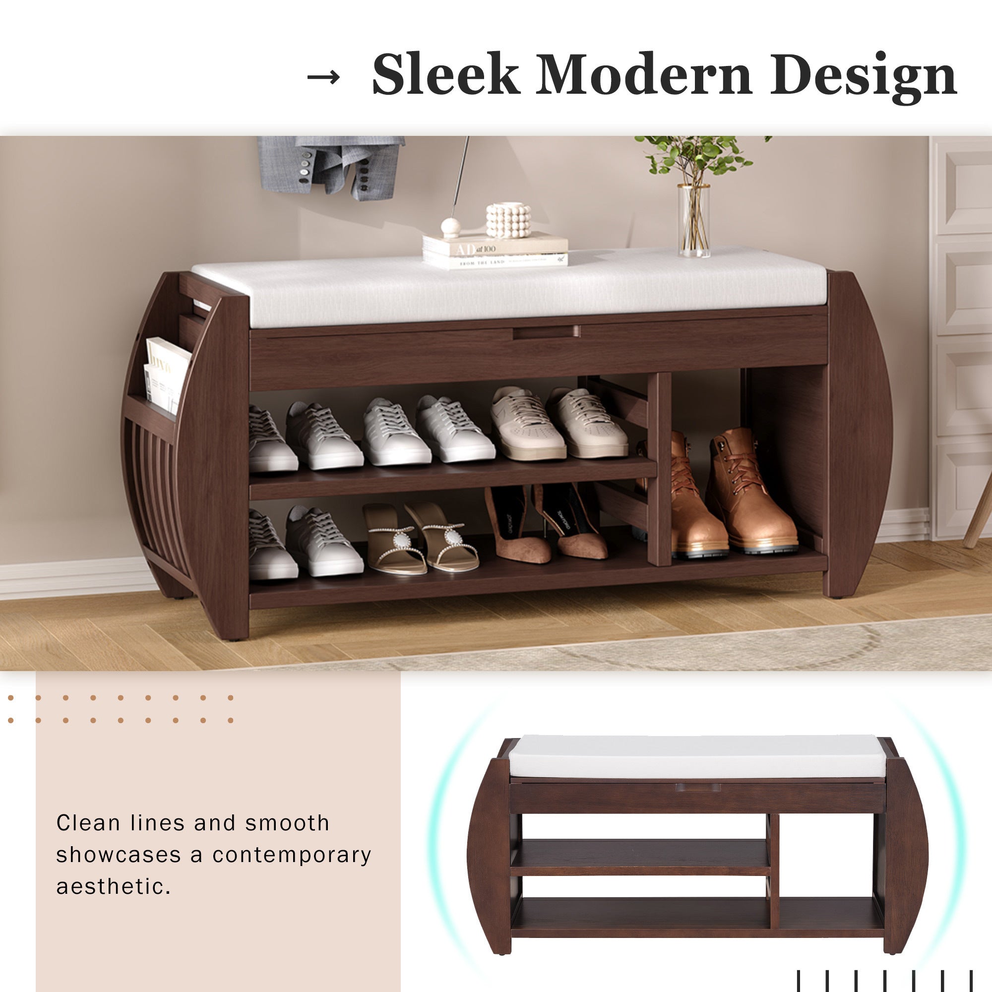 HAOYYE Retro Multifunctional Storage Bench with Cushion and Curved Side Panel for Entrance and Living Room (Espresso) Sturdy Space-Saving Heavy Duty Modern Design Easy Assembly Durable Stylish