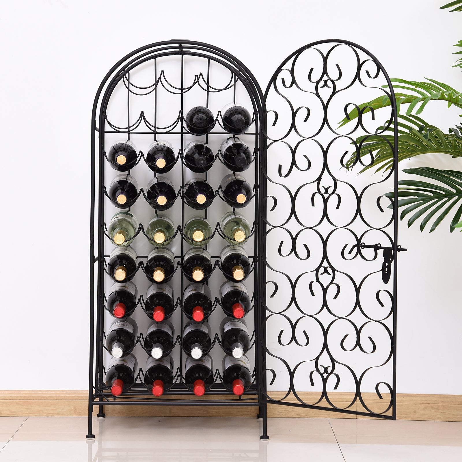 Haoyye Wrought Iron Wine Rack Cabinet with Lock, 35 Bottle Metal Wine Storage Holder with Vintage Scrollwork Design, Sturdy Freestanding Organizer for Kitchen, Dining Room, Home Bar, Space-Saving Modern Black Wine Shelf