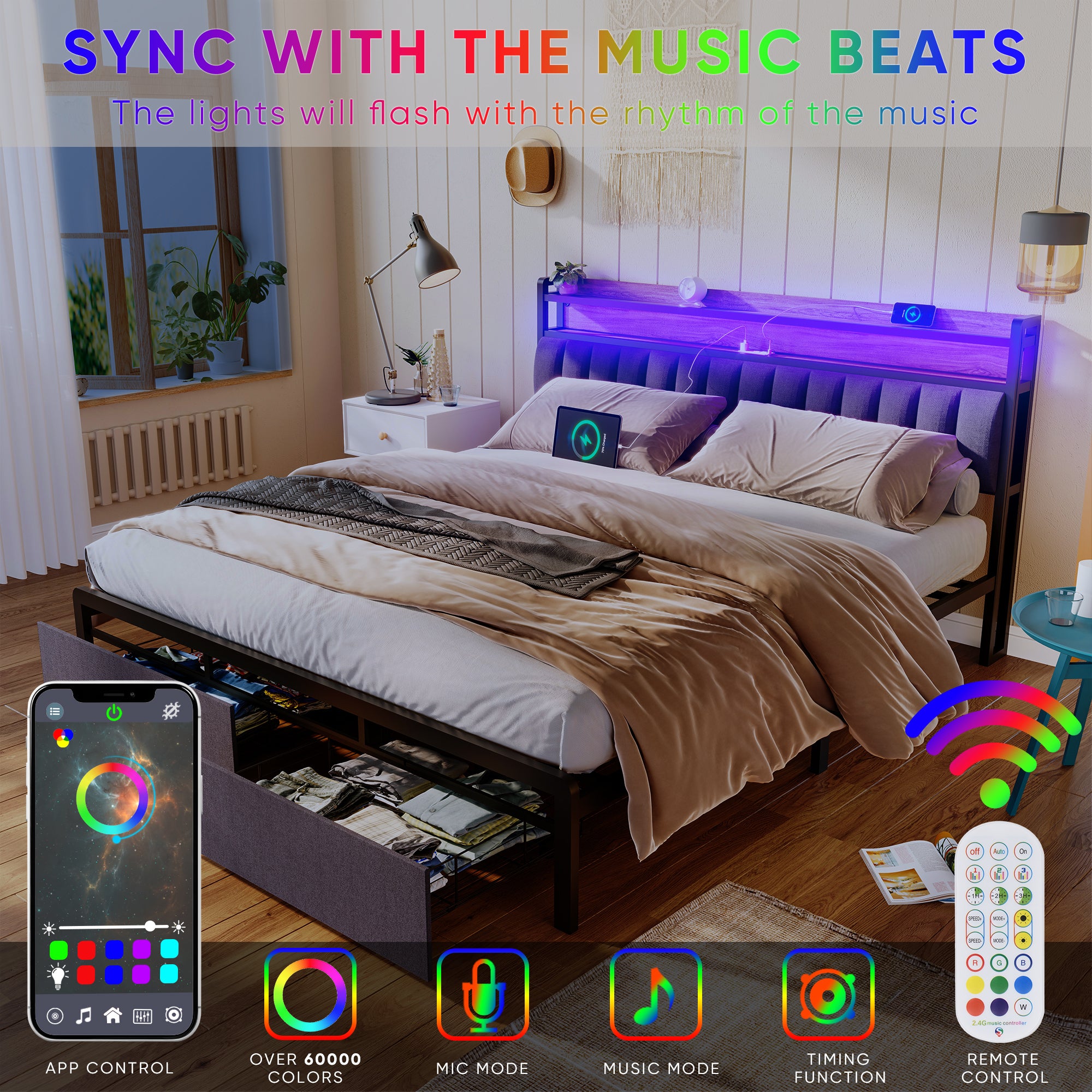 HAOYYE King Bed Frame with Storage Headboard, Drawers, LED Lighting, and Built-in Charging Station, Modern Upholstered Platform Design, Sturdy Space-Saving Grey Construction, No Box Spring Needed, Easy Assembly