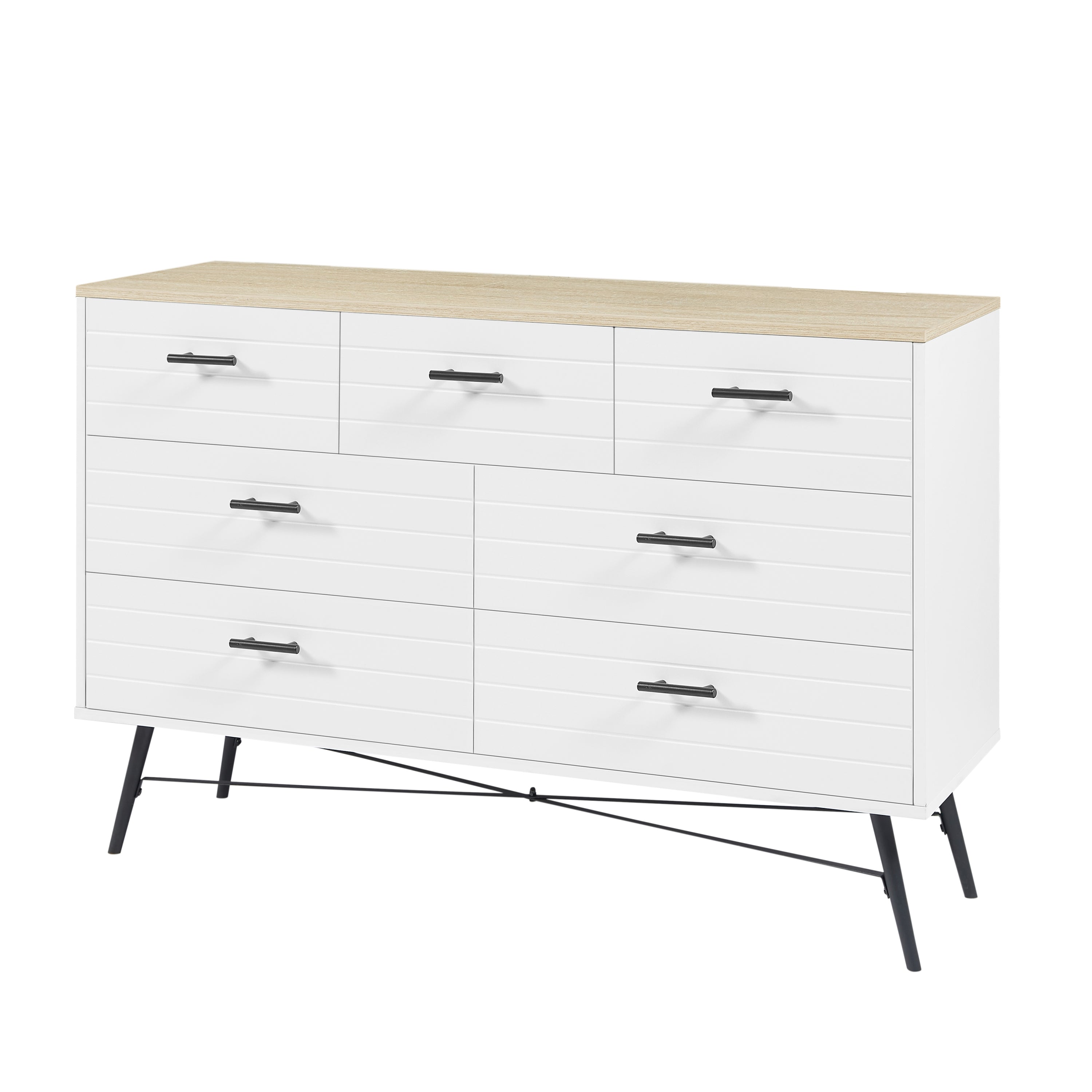 HAOYYE 7-Drawer Dresser for Bedroom with Deep Drawers, Modern White Wood Chest of Drawers, Long Storage Dresser for Closet and Living Room, White & Oak, Sturdy Space-Saving Design, Ideal for Organizing Clothes and Essentials