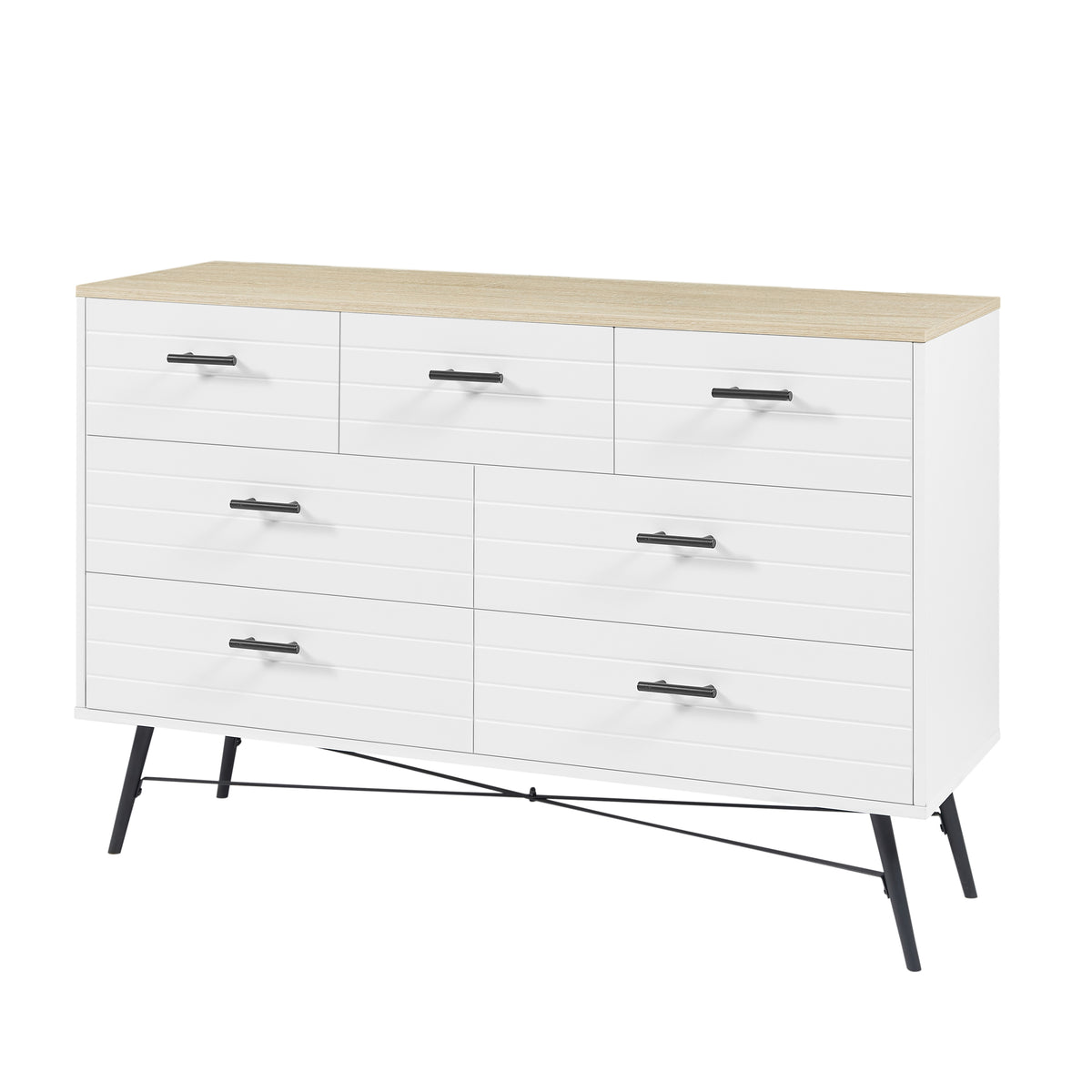 HAOYYE 7-Drawer Dresser for Bedroom with Deep Drawers, Modern White Wood Chest of Drawers, Long Storage Dresser for Closet and Living Room, White & Oak, Sturdy Space-Saving Design, Ideal for Organizing Clothes and Essentials