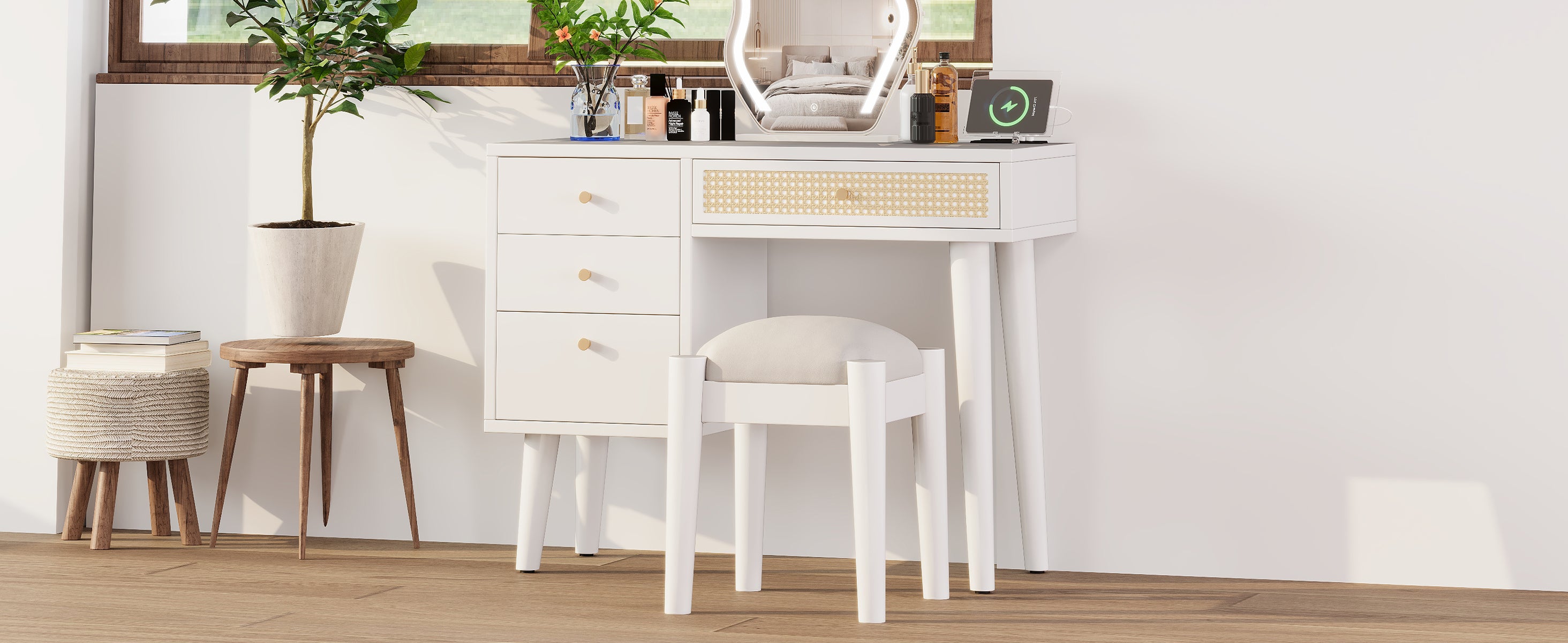 HAOYYE 39" Retro Bohemian Style Wooden Makeup Vanity Set with Charging Plug&USB Port and Stool, Dressing Table with 3 Storage Drawers and 1 Rectangular Rattan Drawer, White