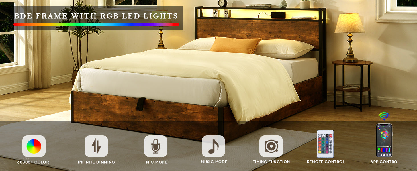 HAOYYE Lift-up Storage Bed Frame, Queen Size Bed Frame with Bookcase Headboard & LED Lights, Wooden Platform Bed Frame with Charging Station, No Spring Box Needed, Rustic Brown Sturdy Space-Saving Heavy Duty
