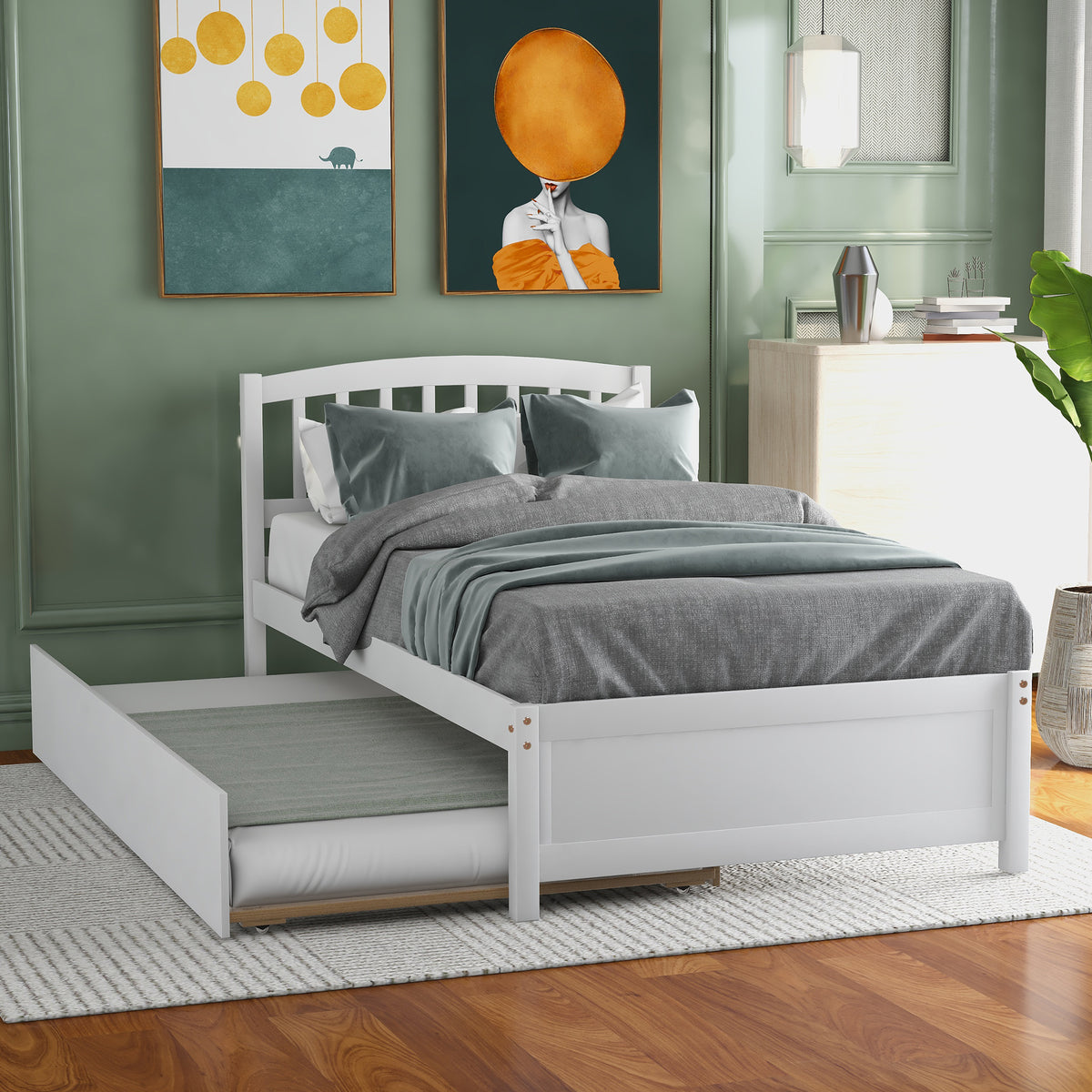 HAOYYE Twin size Platform Bed Wood Bed Frame with Trundle, White Sturdy Space-Saving Heavy Duty Modern Design Easy Assembly Durable Stylish Home Furniture Versatile