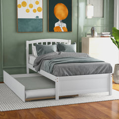 HAOYYE Twin size Platform Bed Wood Bed Frame with Trundle, White Sturdy Space-Saving Heavy Duty Modern Design Easy Assembly Durable Stylish Home Furniture Versatile