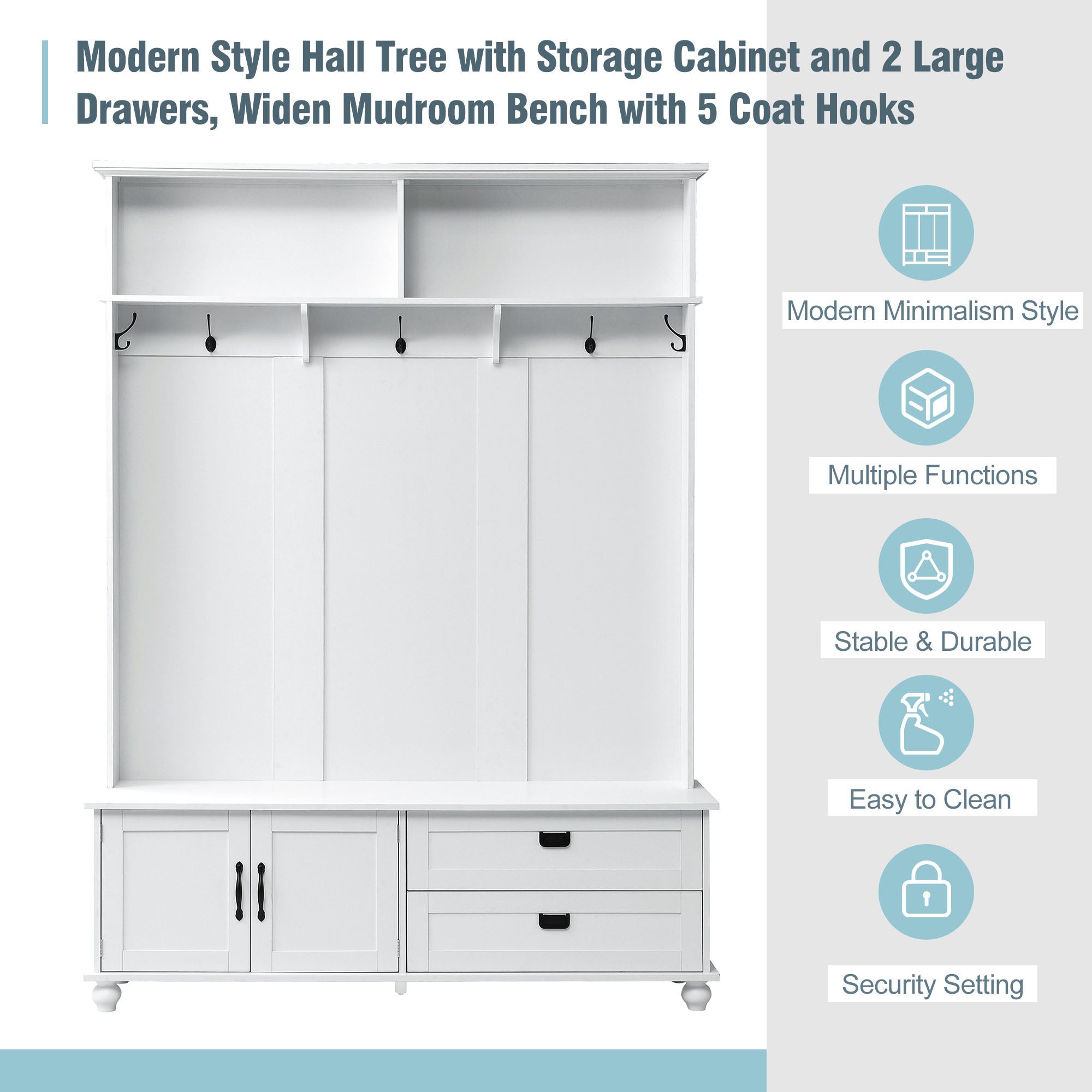 HAOYYE Modern White Hall Tree with Storage Cabinet, 2 Large Drawers, and 5 Coat Hooks, Sturdy Space-Saving Mudroom Bench, Heavy Duty Design for Adults