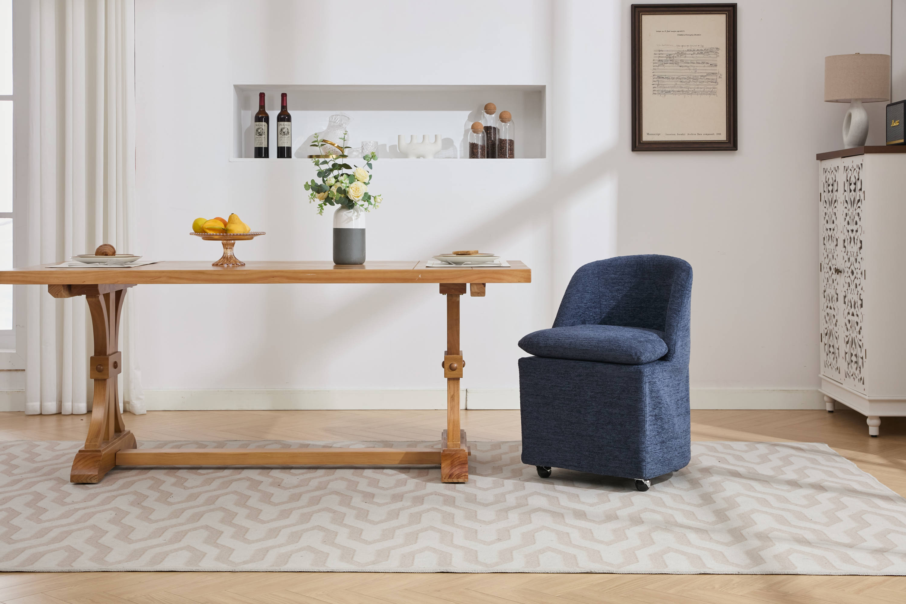 HAOYYE 058-Set of 2 Chenille Fabric Dining Chairs With Universal Wheels,Blue Sturdy Space-Saving Heavy Duty Modern Design Adults Dorm Room Easy Assembly Bedroom Furniture
