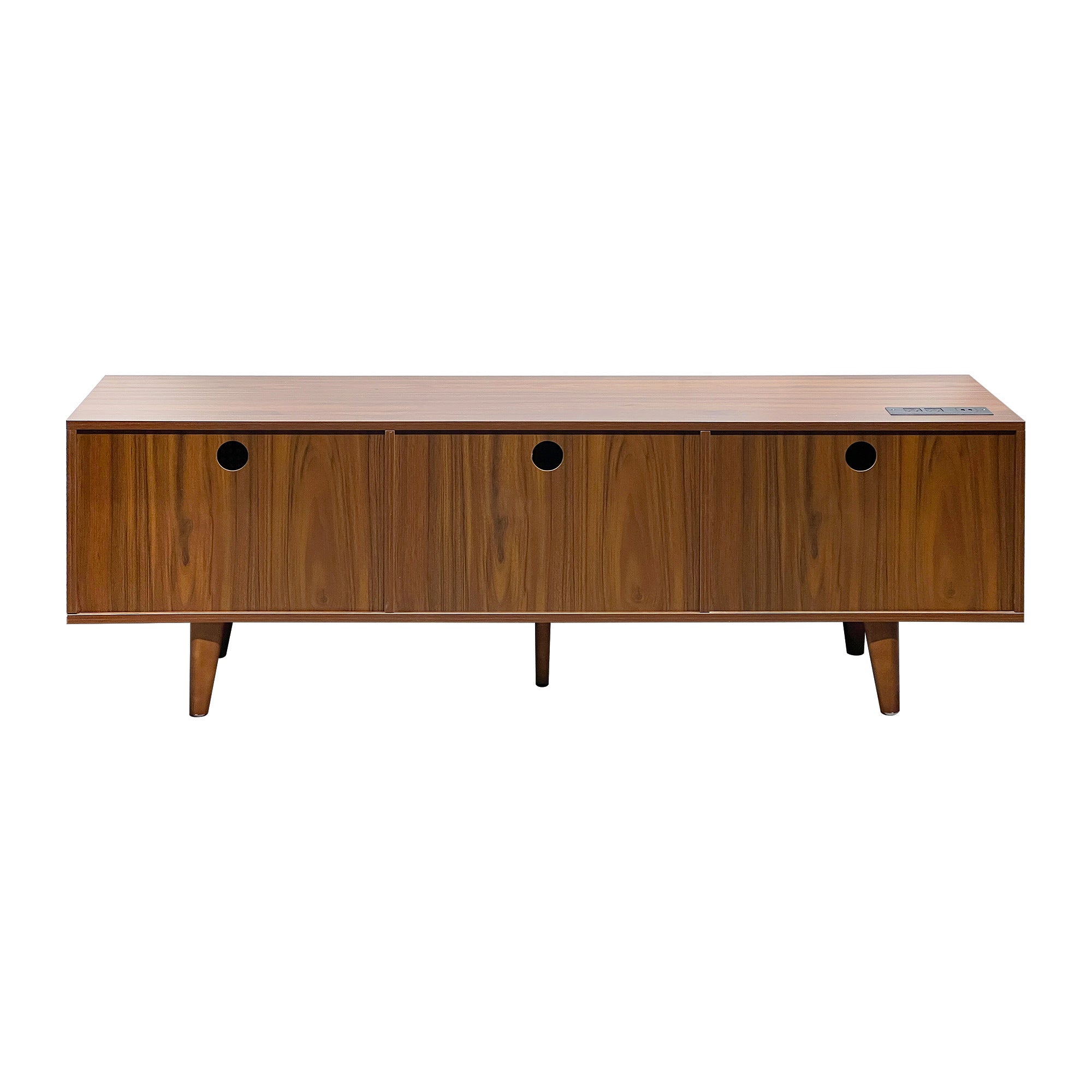 HAOYYE Mid Century Modern Rattan TV Stand for 55/60/65 inch TV , Entertainment Cabinet, Media Console for Living Room Bedroom Media Room, Solid Wood Feet & Rattan Cabinet Doors (Walnut, 59") Sturdy