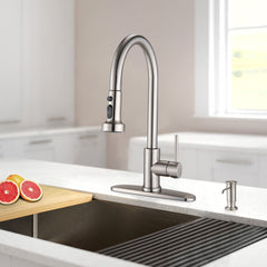 HAOYYE Stainless Steel Pull Down Kitchen Faucet with Soap Dispenser Brushed Nickel Sturdy Space-Saving Heavy Duty Modern Design Adults Dorm Room Easy Assembly Bedroom Furniture