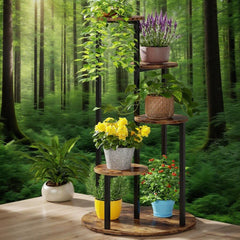 HAOYYE 5-Tier Corner Plant Stand Indoor Outdoor Metal and Wood Flower Rack Space-Saving Display Shelf for Balcony Garden Patio Living Room Rustic Brown Easy Assembly