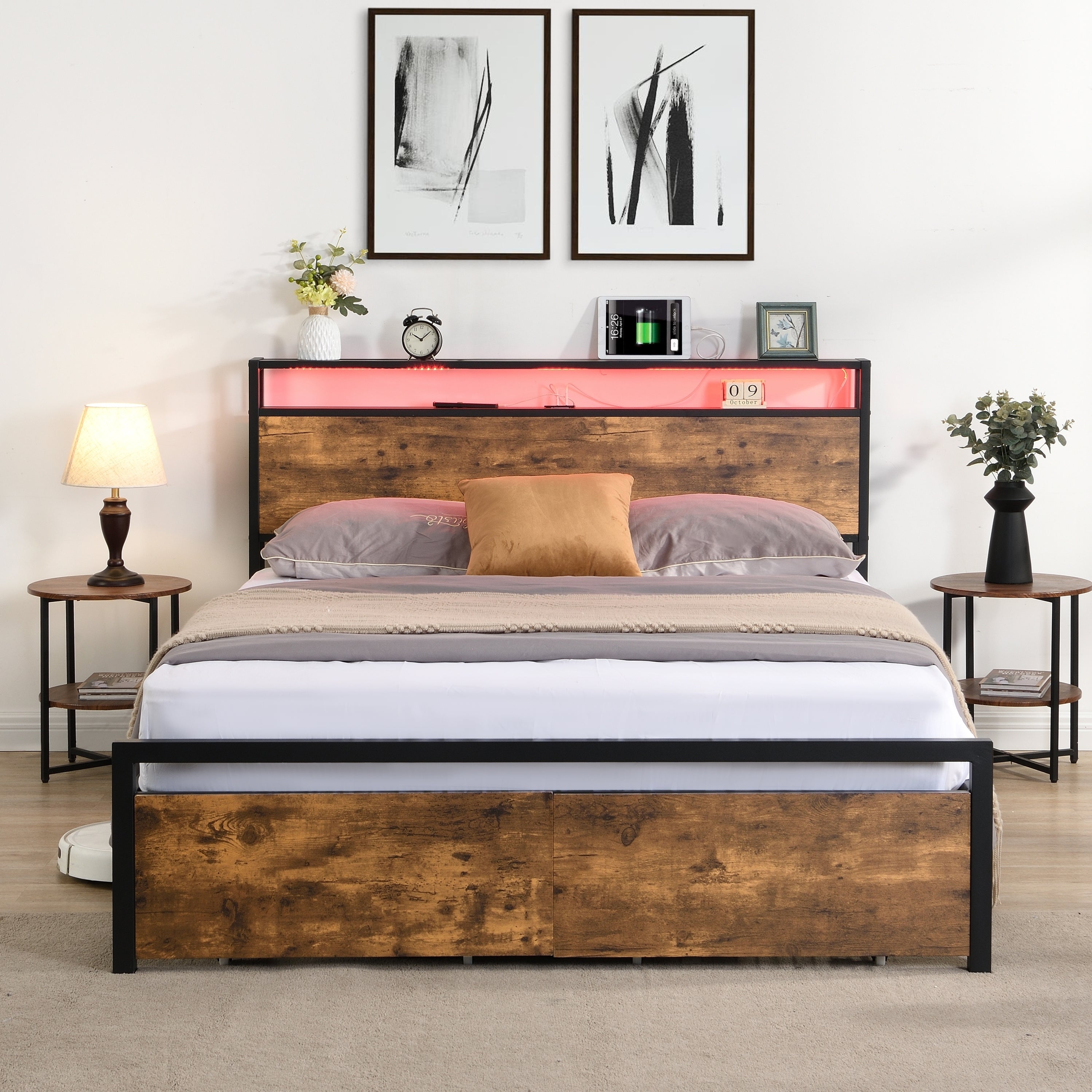 HAOYYE Full Size Bed Frame with Storage Headboard and 2 Drawers, LED Lights Bed with Charging Station, Metal Platform Bed No Noise, Mattress Foundation Strong Metal Slats Support No Box Spring Needed Sturdy