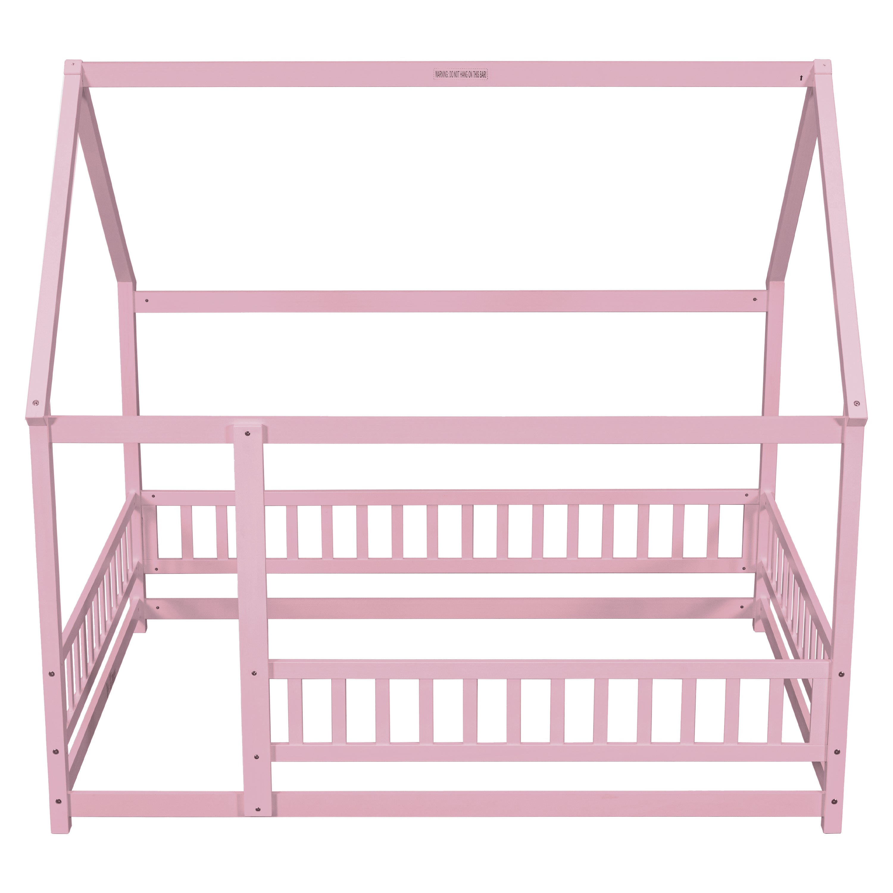 HAOYYE Full Size Floor Wooden Bed with House Roof Frame, Fence Guardrails ,Pink Sturdy Space-Saving Heavy Duty Modern Design Easy Assembly Durable Stylish Home Furniture Versatile