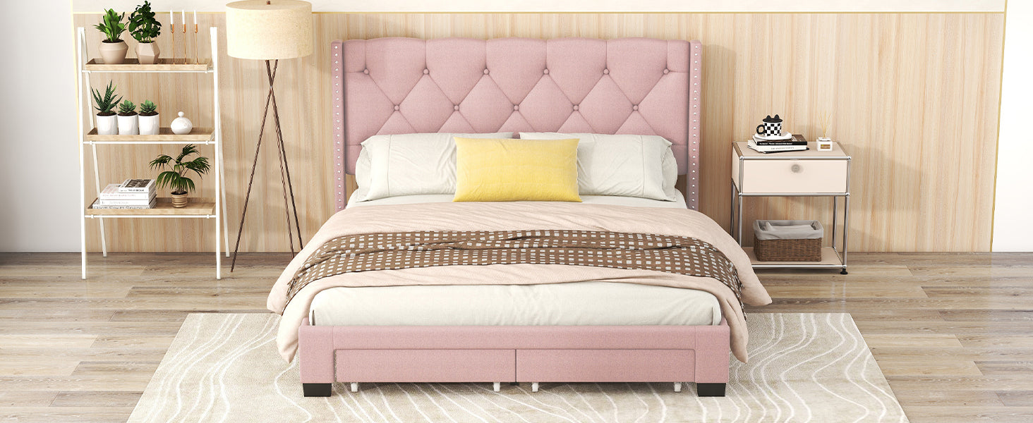 HAOYYE Queen Size Linen Upholstered Platform Bed with Two Drawers, Modern Storage Bed with Sturdy and Space-Saving Design, Heavy Duty Construction, Ideal for Adults and Dorm Rooms, Easy Assembly for Bedroom Furniture
