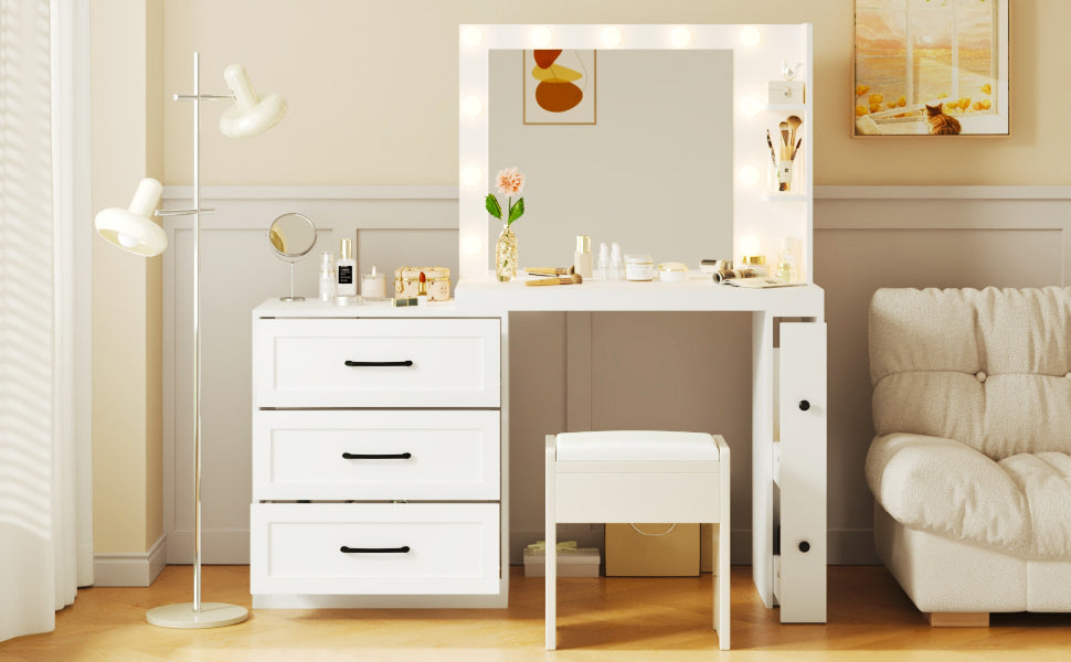 HAOYYE 55.2" Vanity Desk with Freely Adjustable Side Cabinet, Makeup Vanity with Hollywood Lights, 5 Storage Drawers & 2-shelves, Modern Dressing Table, White