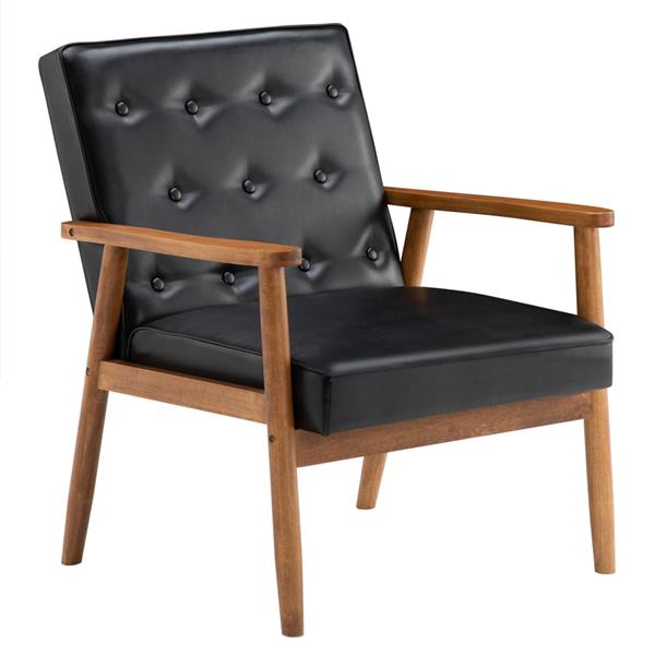 HAOYYE Retro Modern Wooden Single Chair With Black PU Upholstery, Comfortable High Back Design, Sturdy Solid Wood Frame, Elegant Living Room Accent Seating, Durable And Stylish Home Furniture