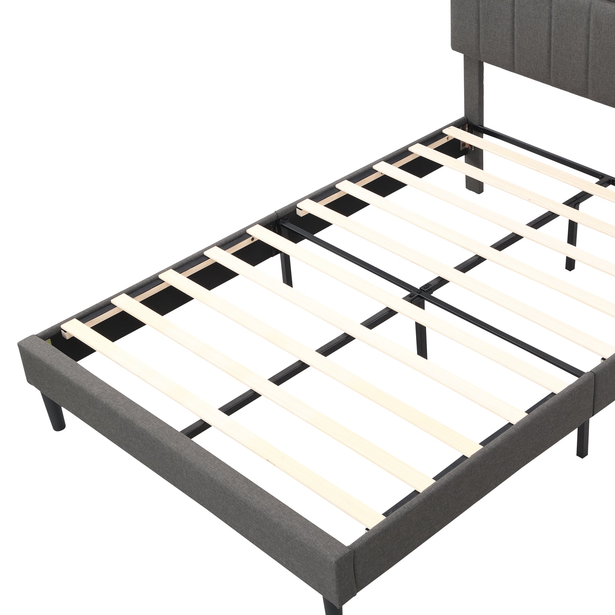 HAOYYE Full size Upholstered Platform Bed with Storage Headboard and USB Port, Linen Fabric Upholstered Bed (Gray) Sturdy Space-Saving Heavy Duty Modern Design Easy Assembly Durable Stylish Home Furniture