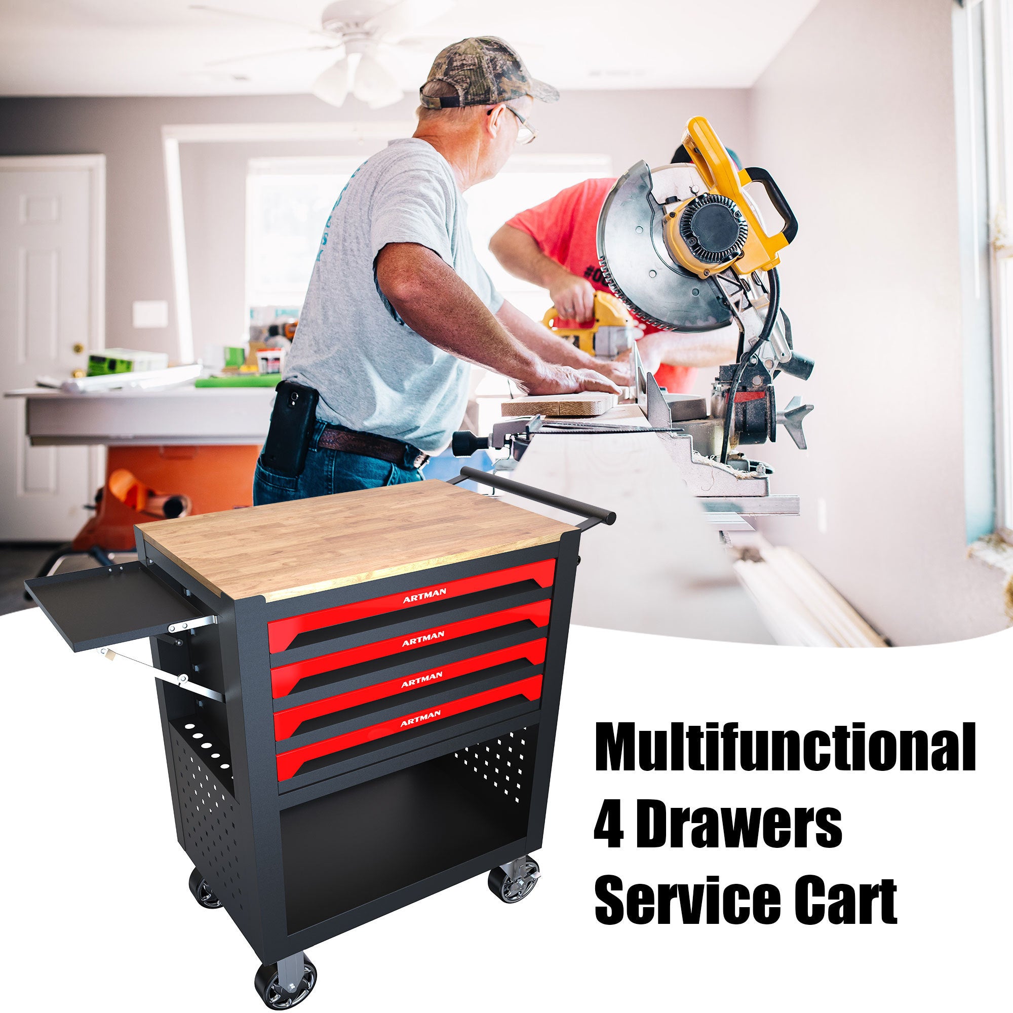 HAOYYE 4 DRAWERS MULTIFUNCTIONAL TOOL CART WITH WHEELS AND WOODEN TOP Sturdy Space-Saving Heavy Duty Modern Design Adults Dorm Room Easy Assembly Bedroom Furniture