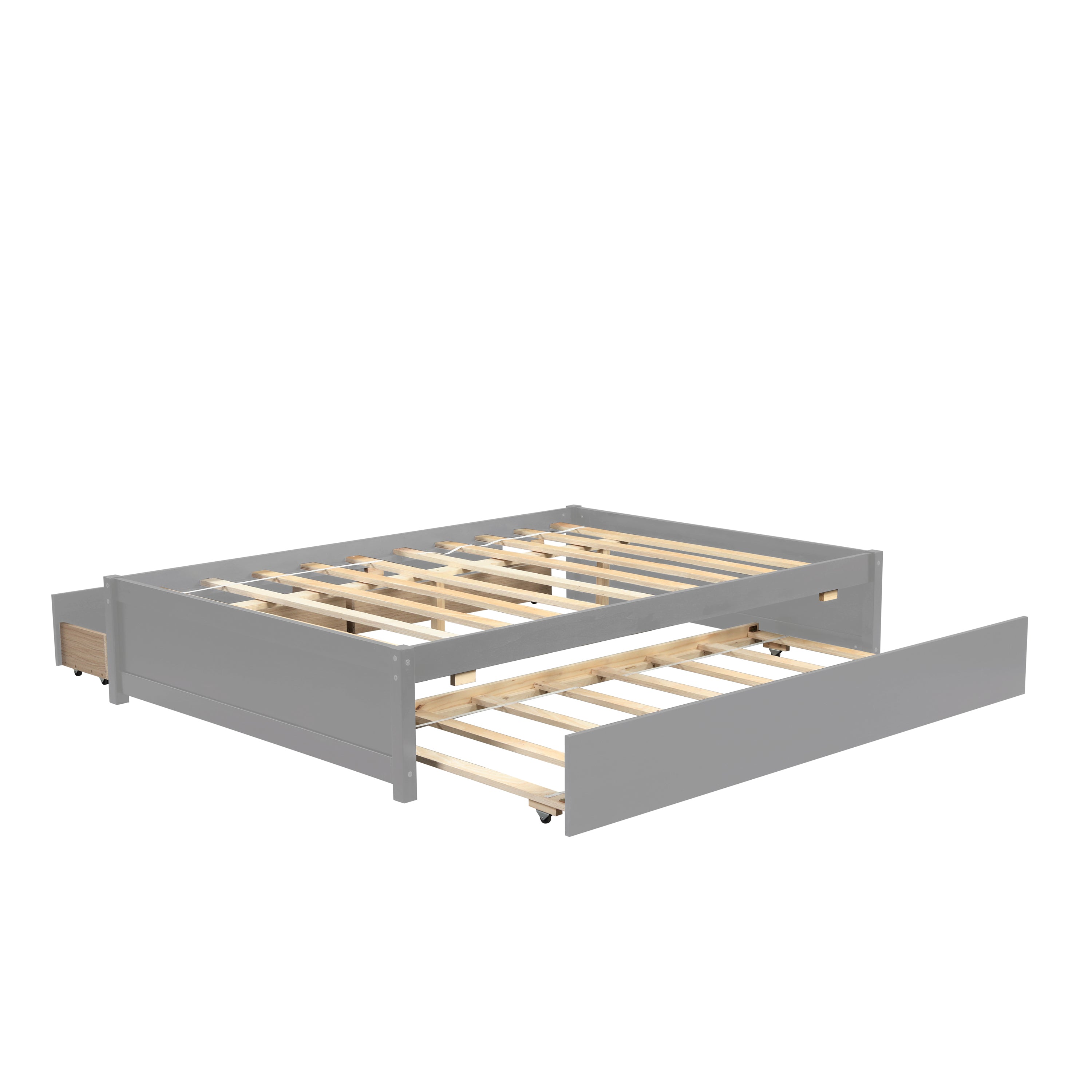 HAOYYE Full Bed With Twin Trundle And Storage Drawers, Grey Wood Platform Bed Frame, Space-Saving Heavy Duty Design, Modern Style For Bedroom Or Dorm Room, Easy Assembly