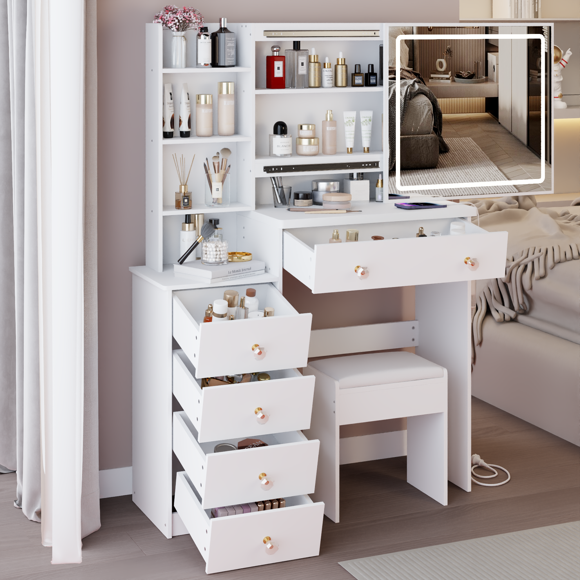 HAOYYE 37" Middle Size Left Bedside Cabinet Vanity Table + Cushioned Stool Dresser Set, 2 AC+2 USB Socket, Hair Dryer Stand, Large Touch Control LED Sliding Mirror, 3-color Switch, EPA, GCC, UL Certificate