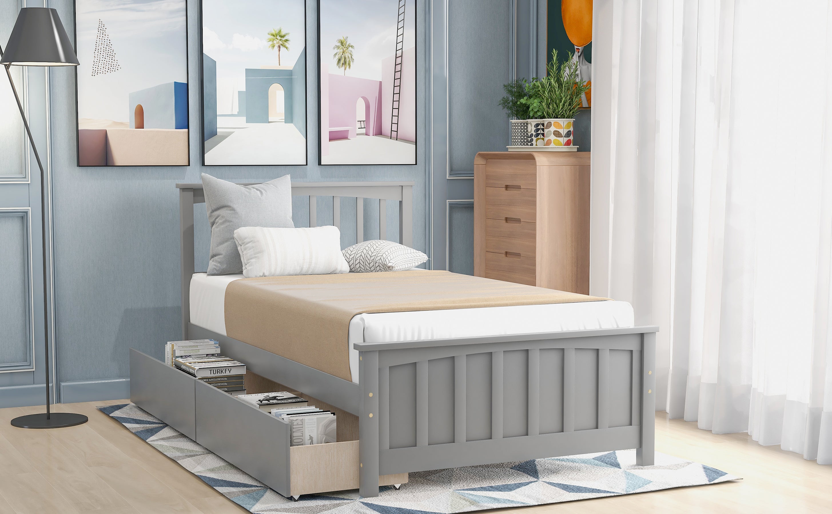 HAOYYE Twin Platform Bed with Two Drawers, Sturdy Space-Saving Heavy Duty Modern Design, Gray, Ideal for Adults and Dorm Rooms, Easy Assembly, Contemporary Bedroom Furniture