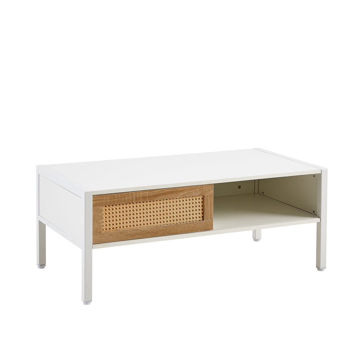 HAOYYE White Rattan Coffee Table With Sliding Door, Metal Legs, Modern Storage Table for Living Room, Sturdy Space-Saving Heavy Duty Design, Easy Assembly