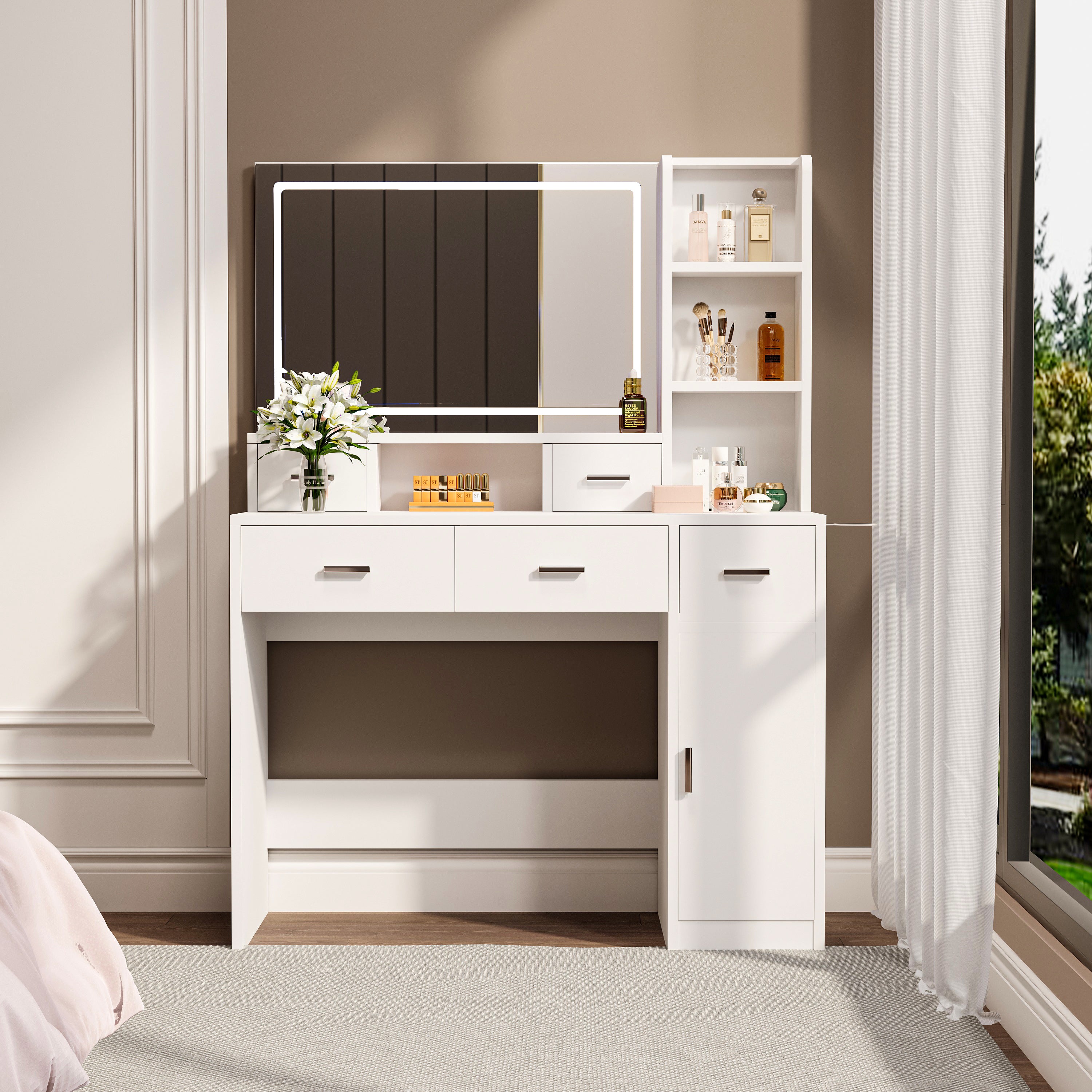 HAOYYE Smart Mirror Dressing Table with Drawers and Storage Cabinet, Modern Design Dressing Table with Soft Dressing Pad for Bedroom and Dressing Room, Sturdy Space-Saving Heavy Duty Construction, Ideal for Adults