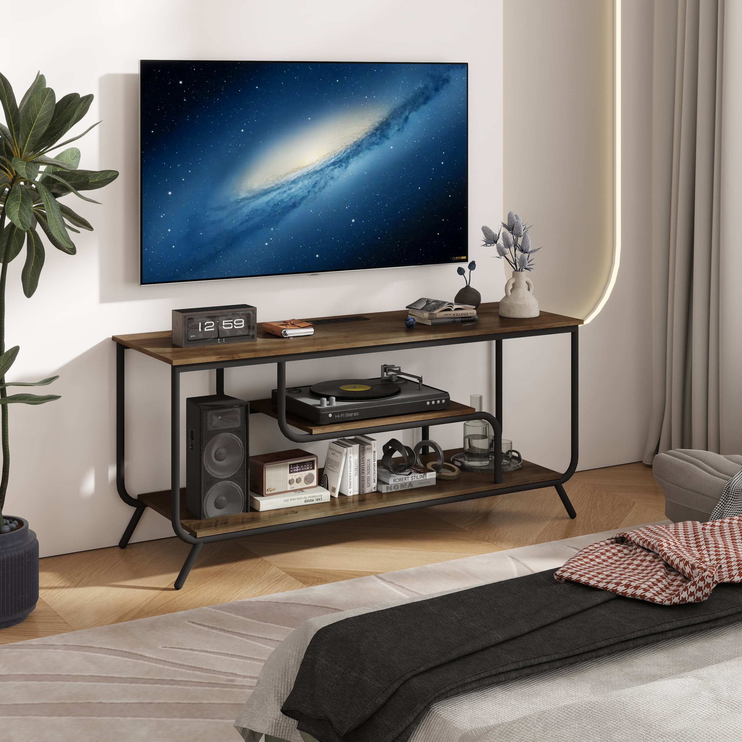 HAOYYE Modern TV Stand With Power Outlets And LED Lights, Entertainment Center With Shelves, TV Console Table For Living Room And Bedroom, Light Gray Sturdy Space-Saving Heavy Duty Design
