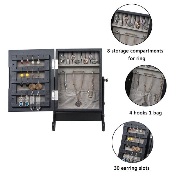 HAOYYE Small Black Mirror Jewelry Cabinet Organizer Armoire with Stand Countertop Storage Box for Rings Necklaces Earrings Makeup and Accessories Compact and Stylish Space-Saving Design for Bedroom or Vanity Table