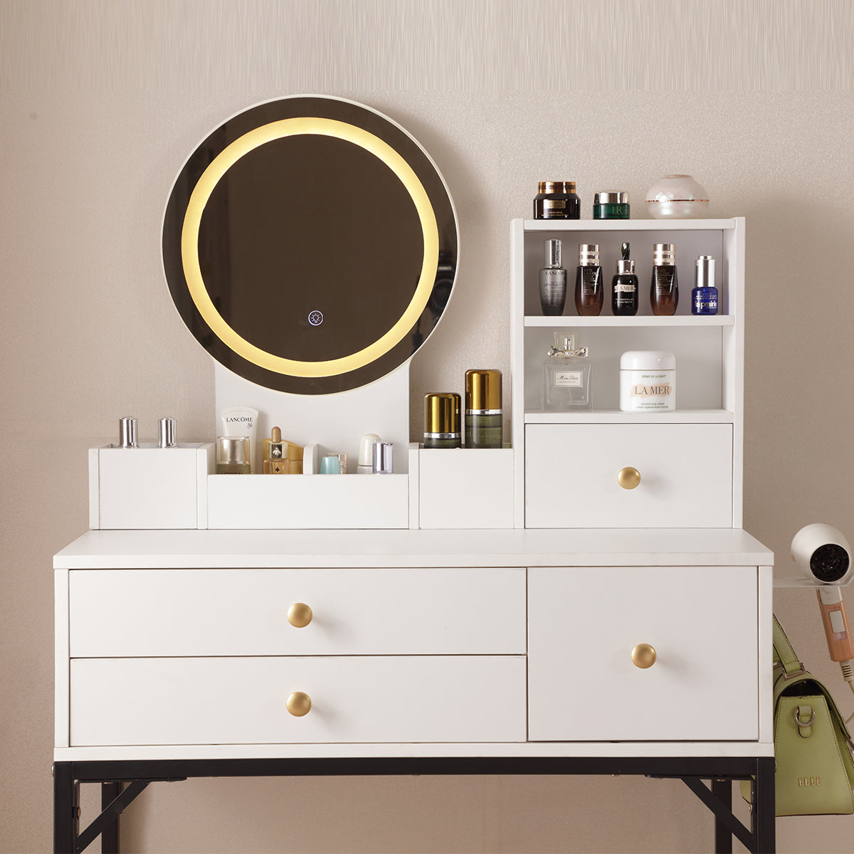 HAOYYE Vanity Desk With Lighted Mirror And Power Outlet, Makeup Table With Drawers And Cabinet, Sturdy Iron Frame, Space-Saving Modern Design, Heavy Duty White Makeup Vanity Table For Bedroom