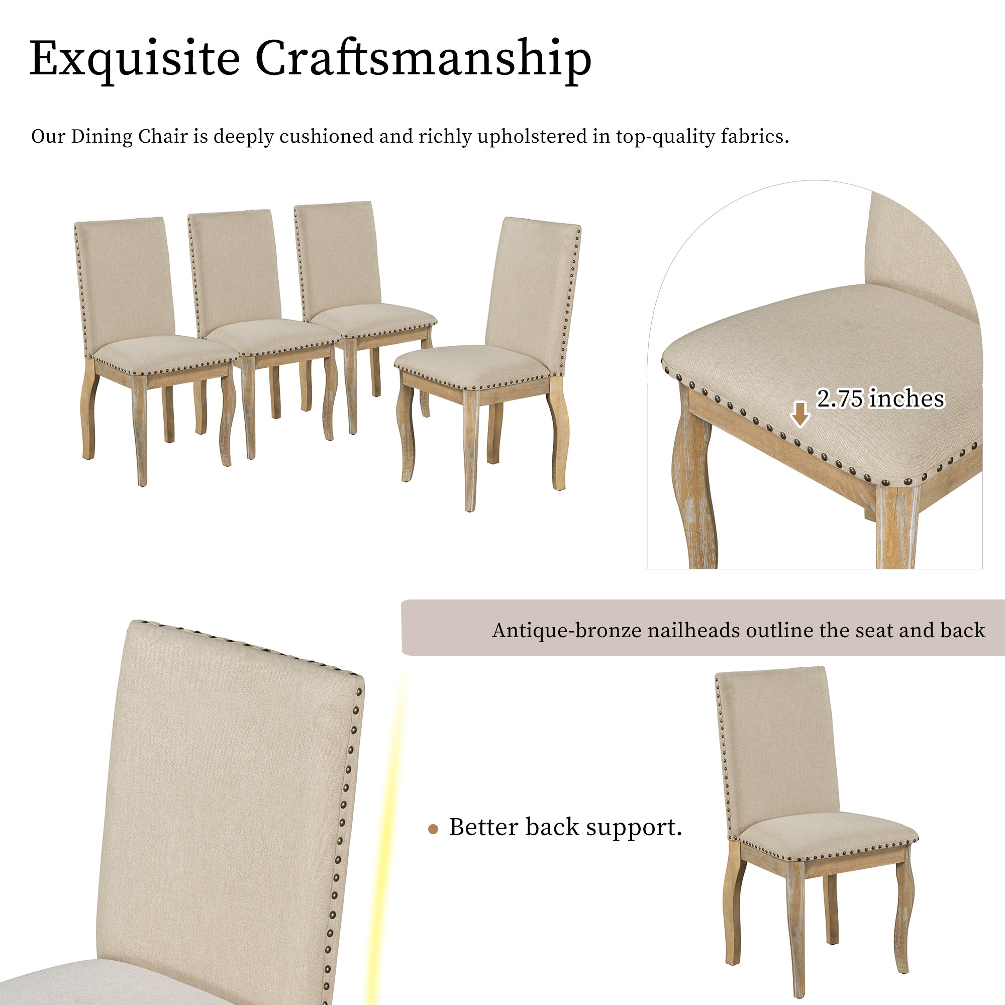 HAOYYE Set of 4 Dining chairs Wood Upholstered Fabirc Dining Room Chairs with Nailhead (Natural Wood Wash) Sturdy Space-Saving Heavy Duty Modern Design Adults Dorm Room Easy Assembly