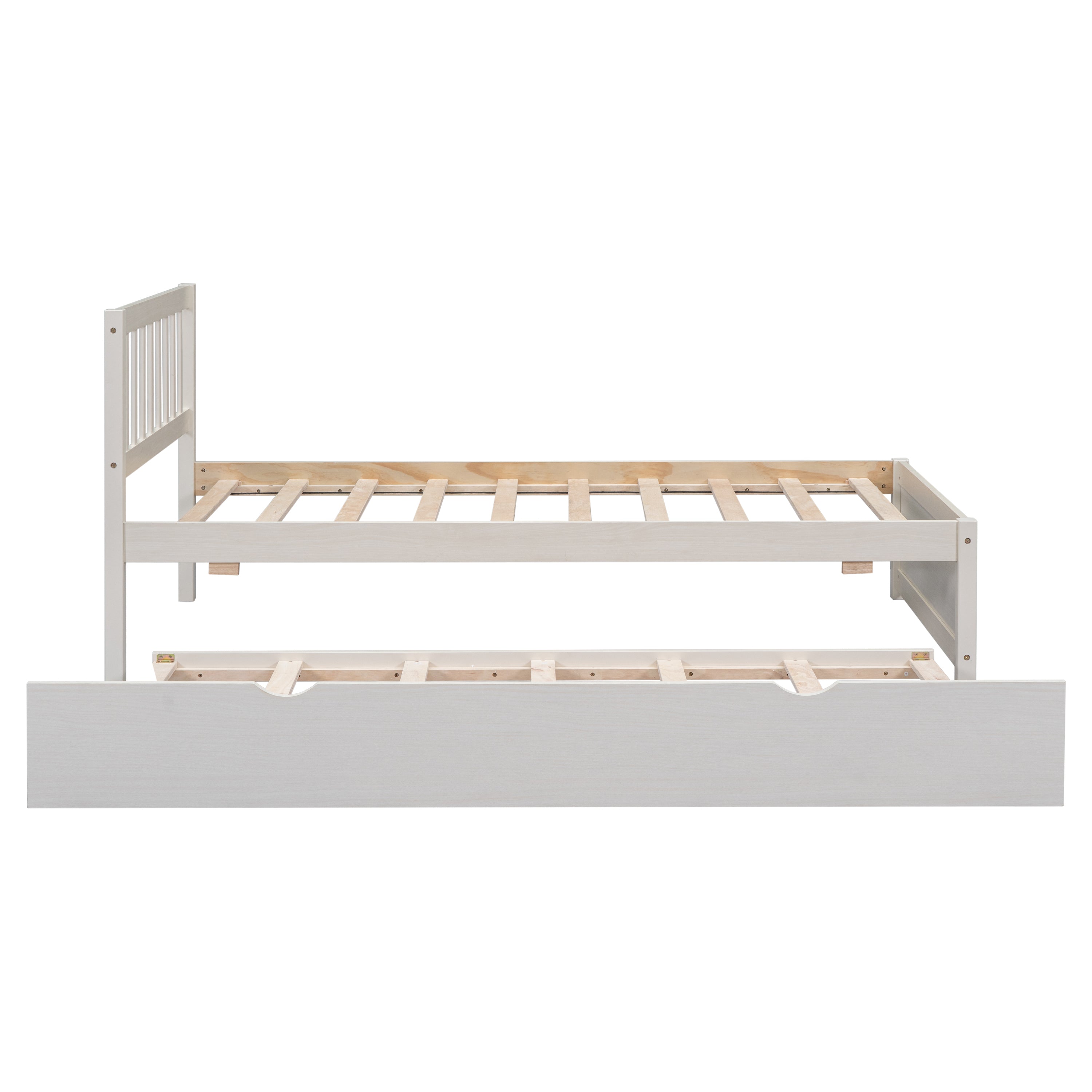 HAOYYE Wooden Twin Size Platform Bed Frame with Trundle for White Washed Color Sturdy Space-Saving Heavy Duty Modern Design Easy Assembly Durable Stylish Home Furniture Versatile