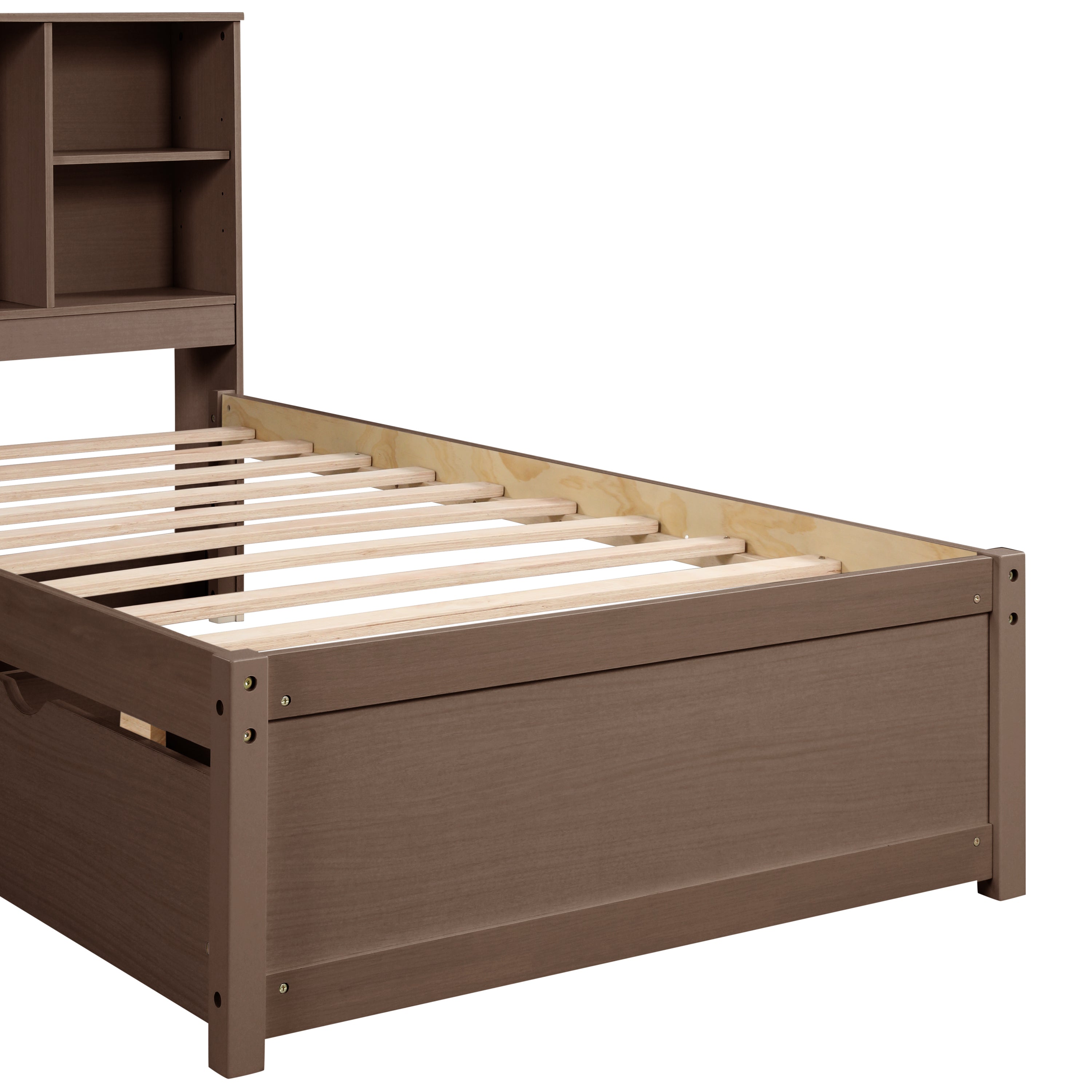 HAOYYE Twin Bed Frame with USB Port, Bookcase Headboard and Storage Drawers, Walnut Finish, Sturdy Space-Saving Design, Heavy Duty, Easy Assembly, Ideal for Bedroom and Dorm Room