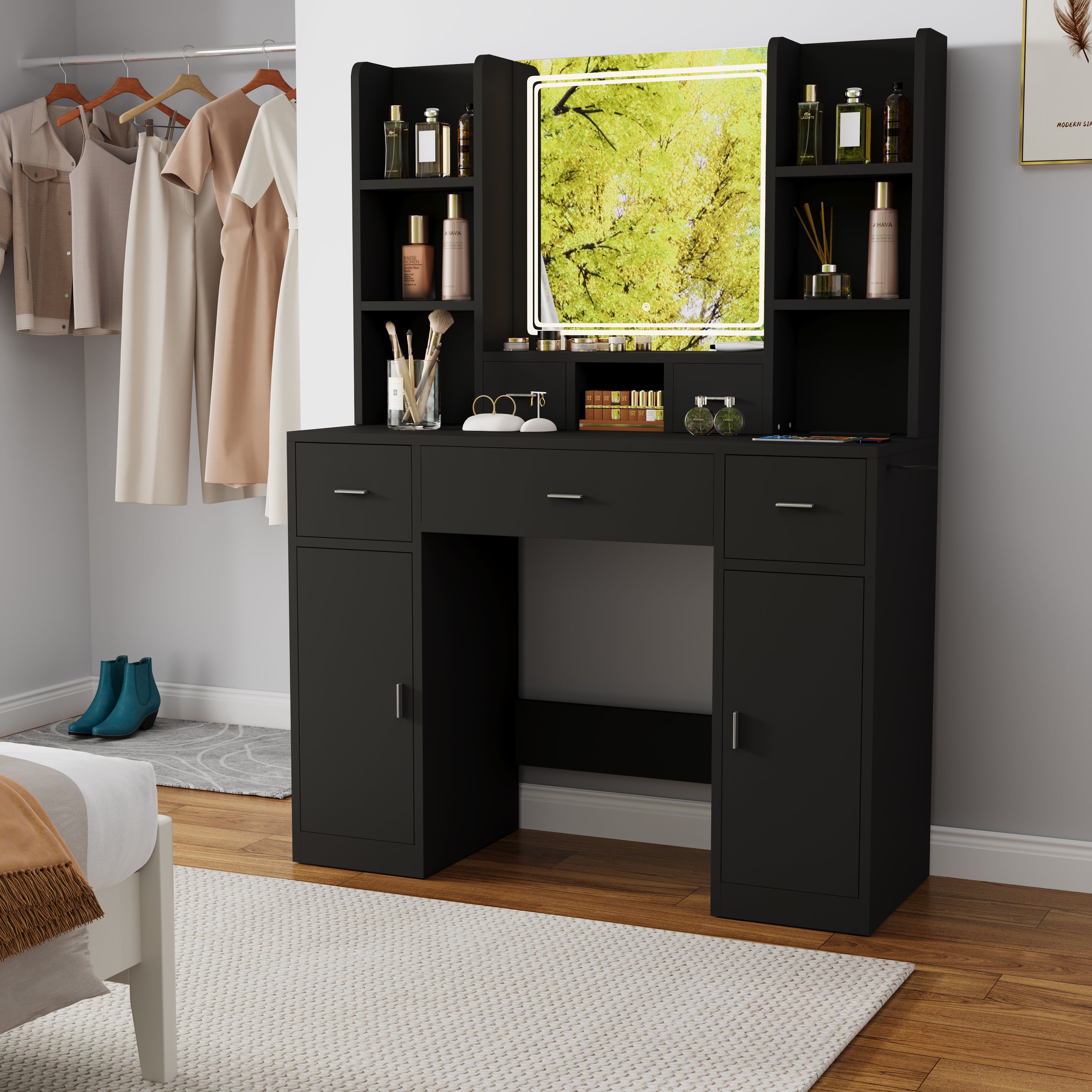 HAOYYE Smart Mirror Dressing Table With Drawers And Storage Cabinet, Modern Vanity Desk With Cushioned Stool, Stylish And Sturdy Space-Saving Design For Bedroom Or Dressing Room, Heavy Duty Construction
