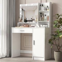 HAOYYE Vanity Desk with Mirror and Light, Three-Level Storage Dresser, Large Drawer, Adjustable Brightness with Three Lighting Modes, White, Sturdy Space-Saving Design, Heavy Duty Construction, Modern and Stylish Home Furniture