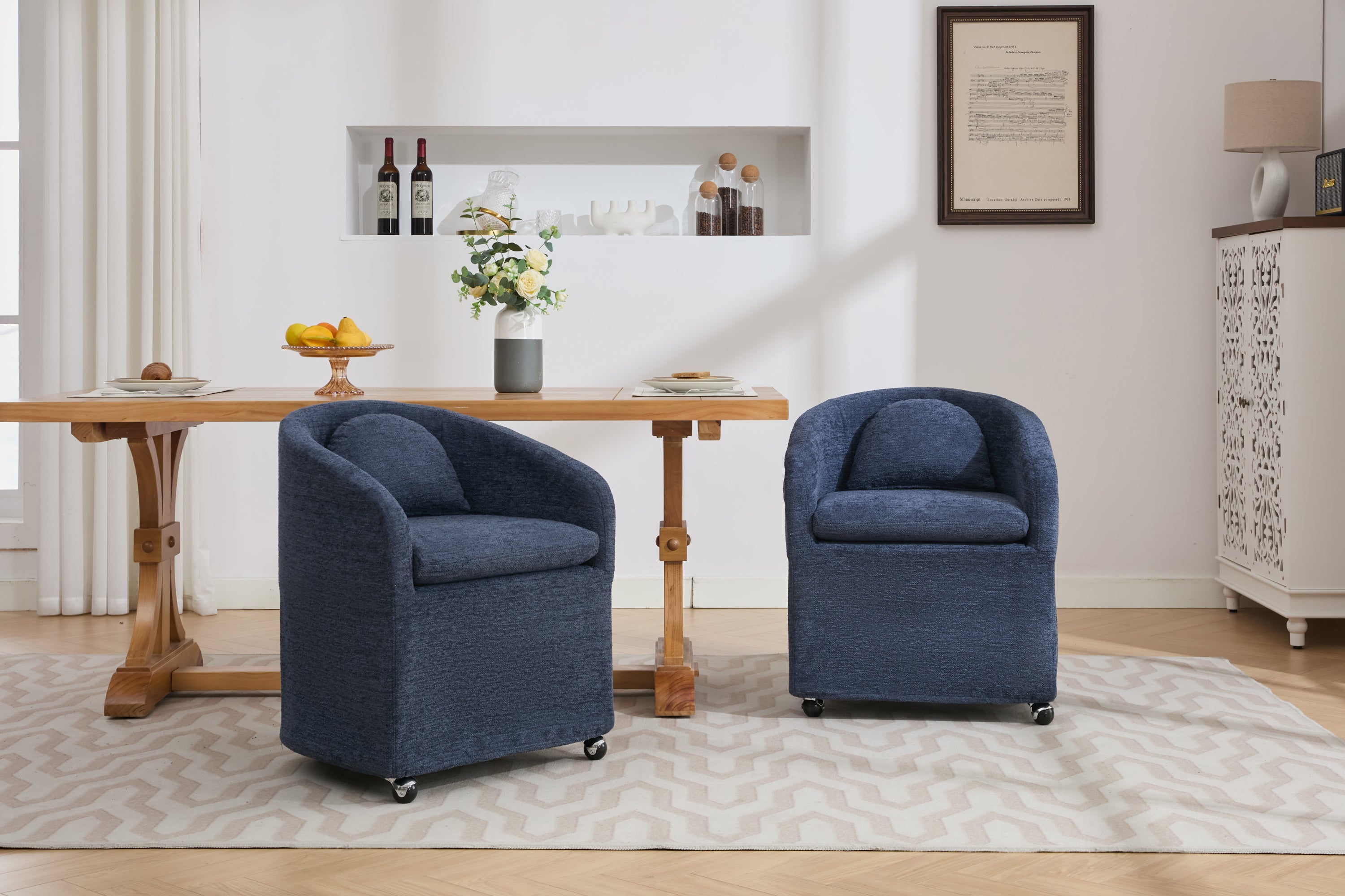 HAOYYE 059-Set of 1 Chenille Fabric Dining Armchair With Back Cushion and Universal Wheels,Blue Sturdy Space-Saving Heavy Duty Modern Design Adults Dorm Room Easy Assembly Bedroom Furniture